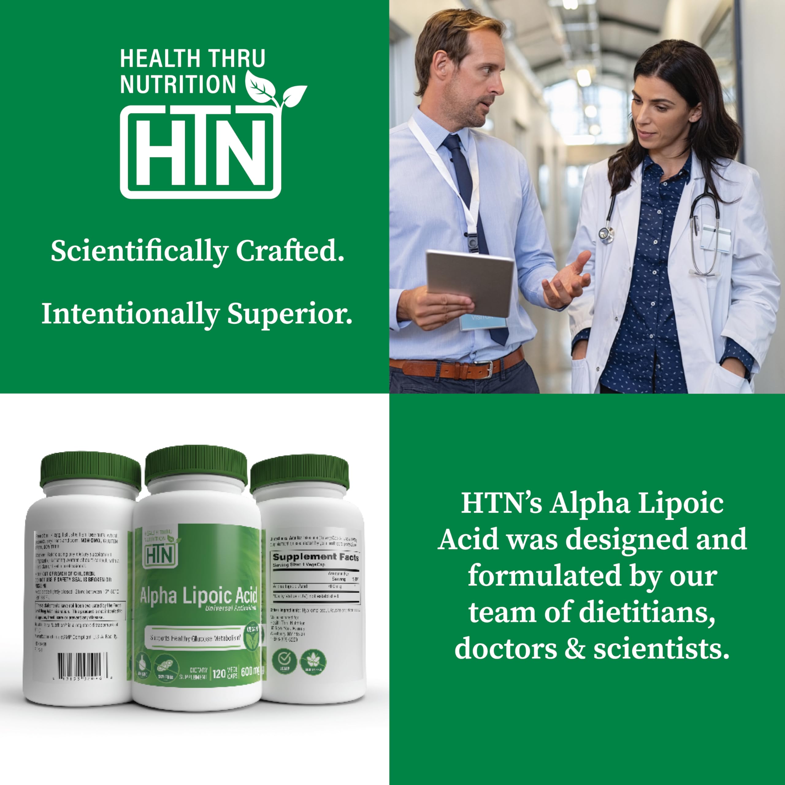 Health Thru Nutrition Alpha Lipoic Acid capsules on a wooden table