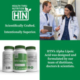 Health Thru Nutrition Alpha Lipoic Acid capsules on a wooden table
