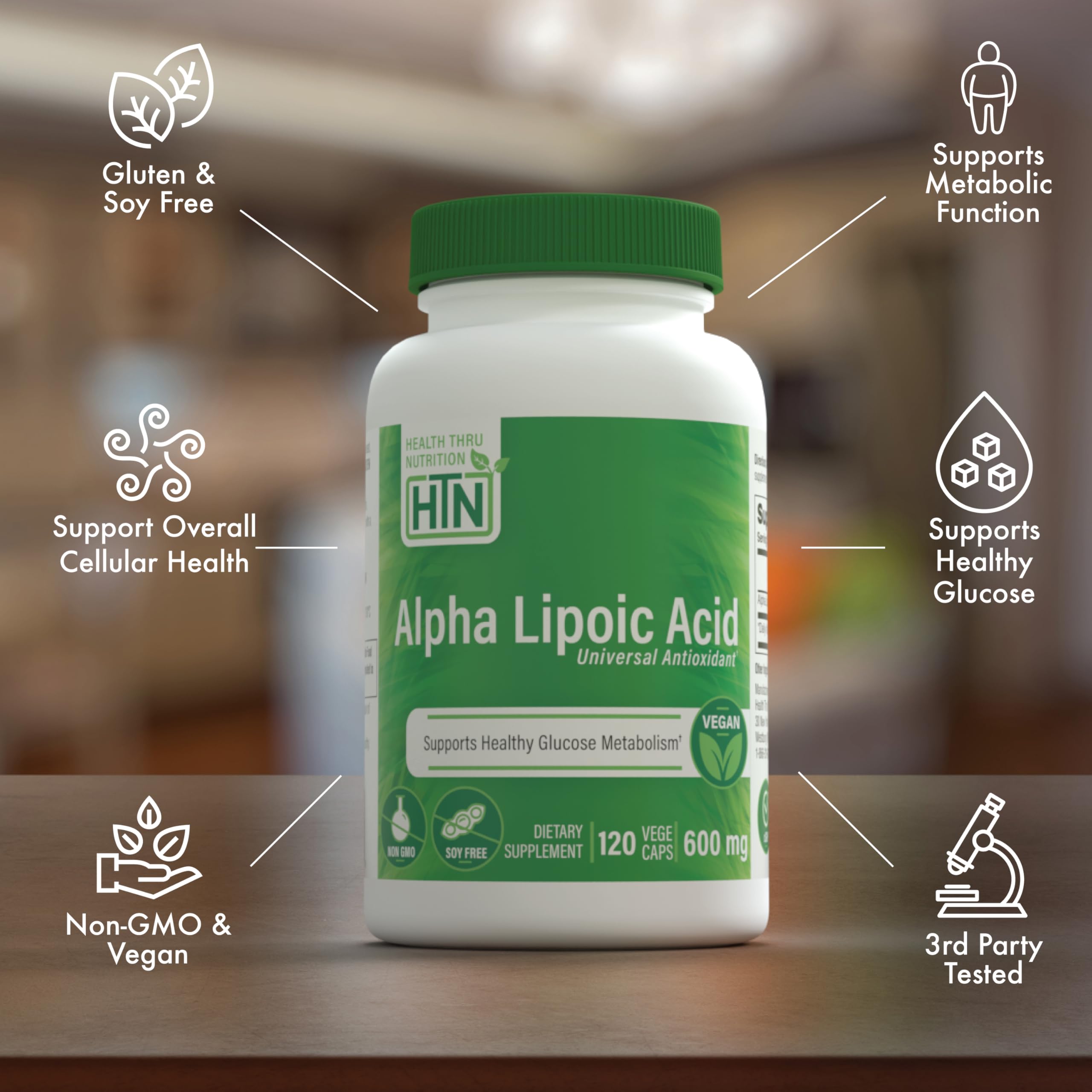 Health Thru Nutrition Alpha Lipoic Acid capsules with a measuring spoon