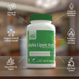 Health Thru Nutrition Alpha Lipoic Acid capsules with a measuring spoon