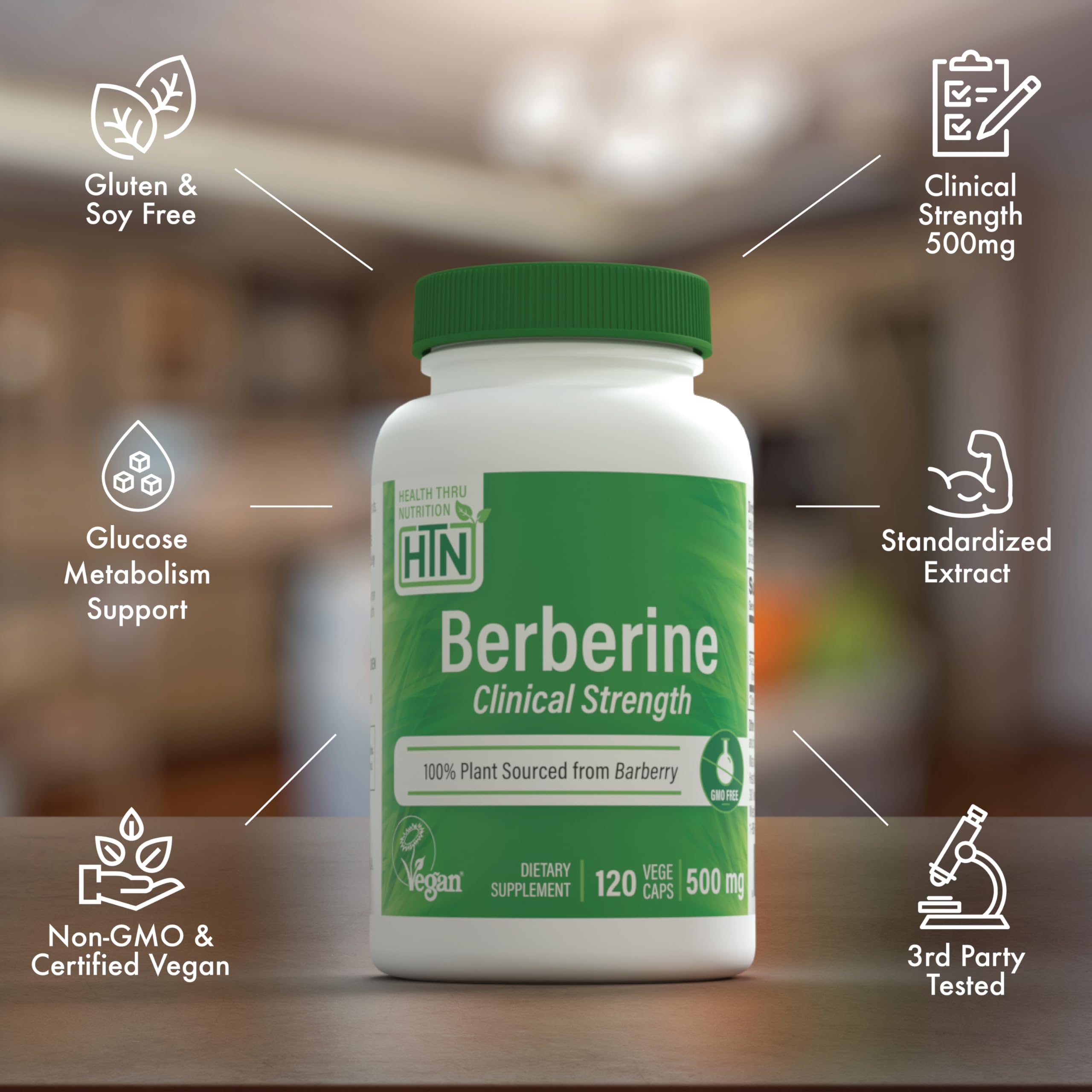 Health Thru Nutrition Berberine Capsules lifestyle scene with a glass of water