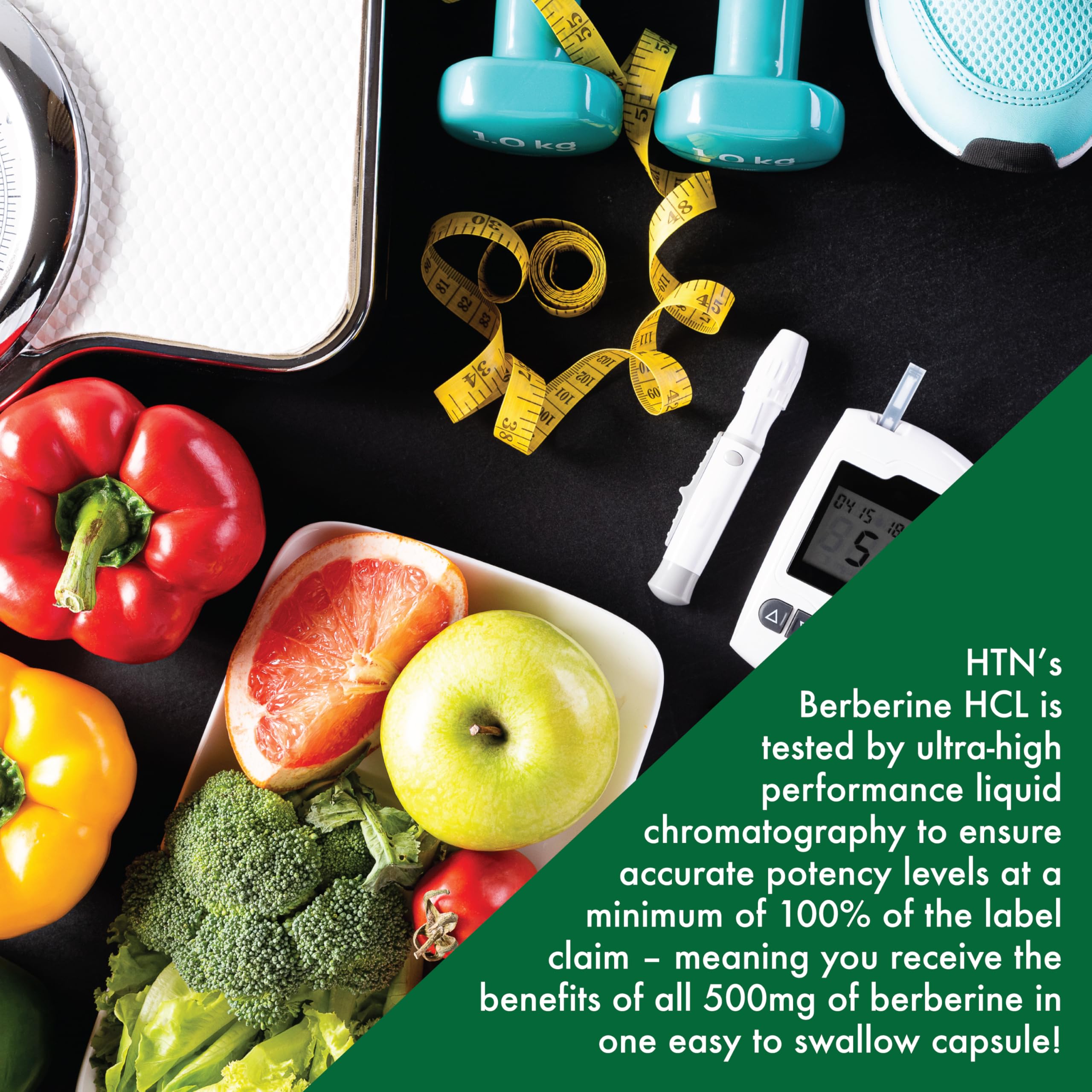 Health Thru Nutrition Berberine Capsules packaging dimensions on a table