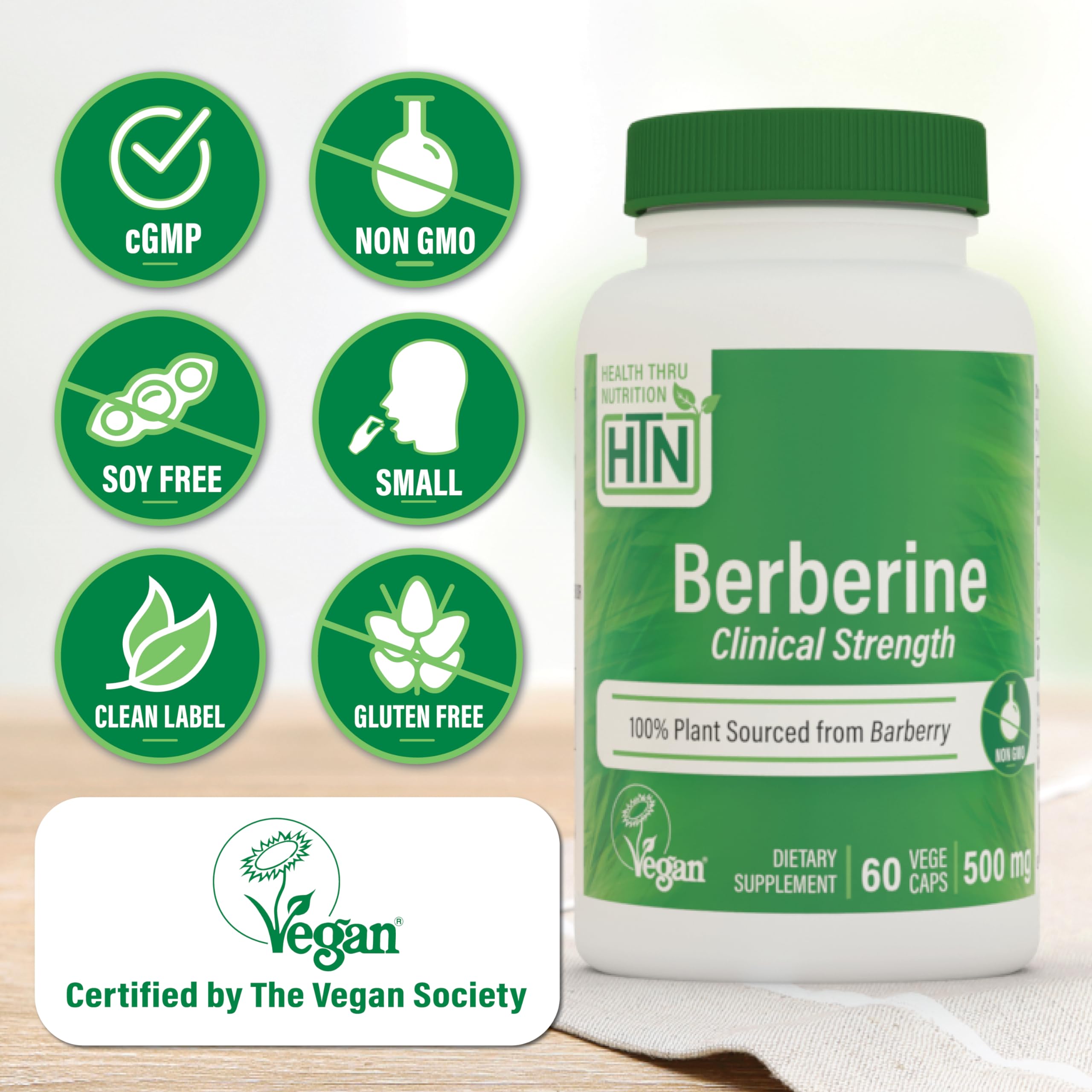 Health Thru Nutrition Berberine HCI 500mg Capsules bottle with label