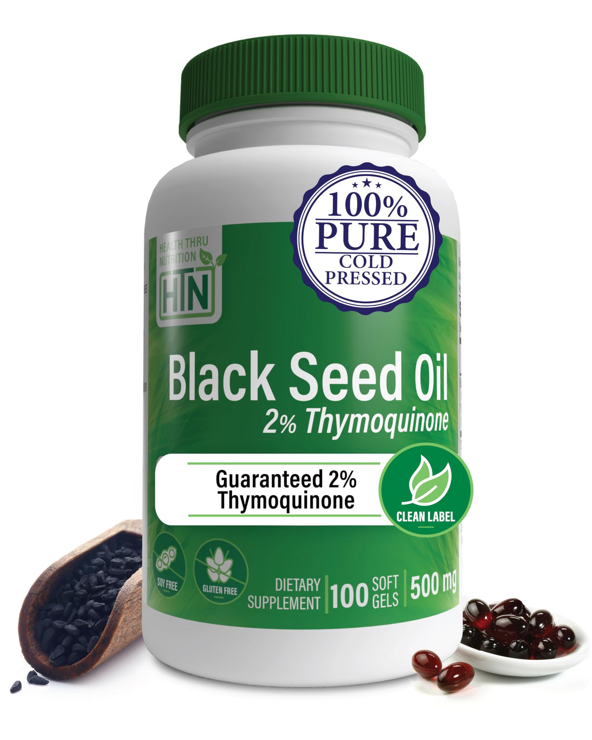 Health Thru Nutrition Black Seed Oil softgels front view