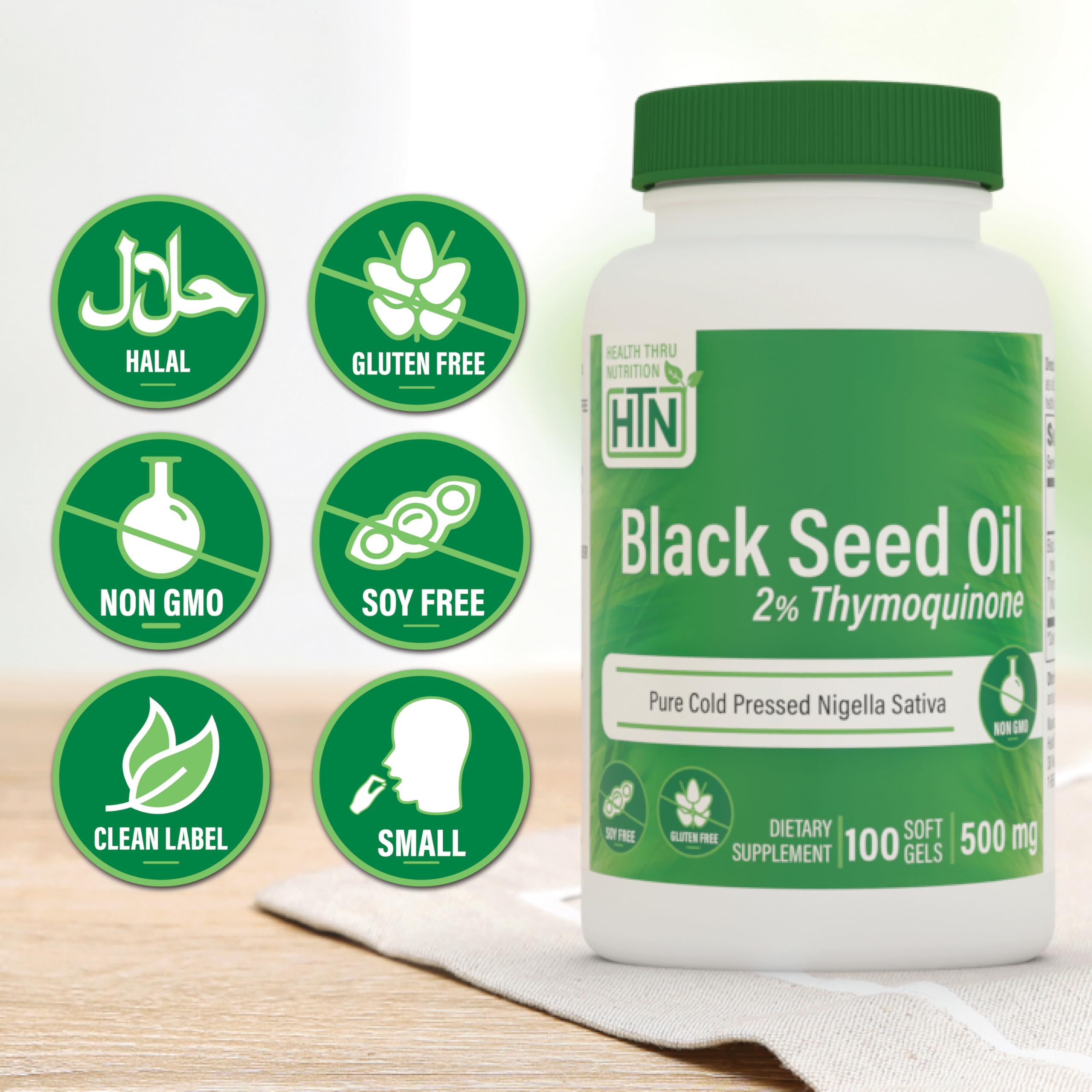 Health Thru Nutrition Black Seed Oil softgels side view