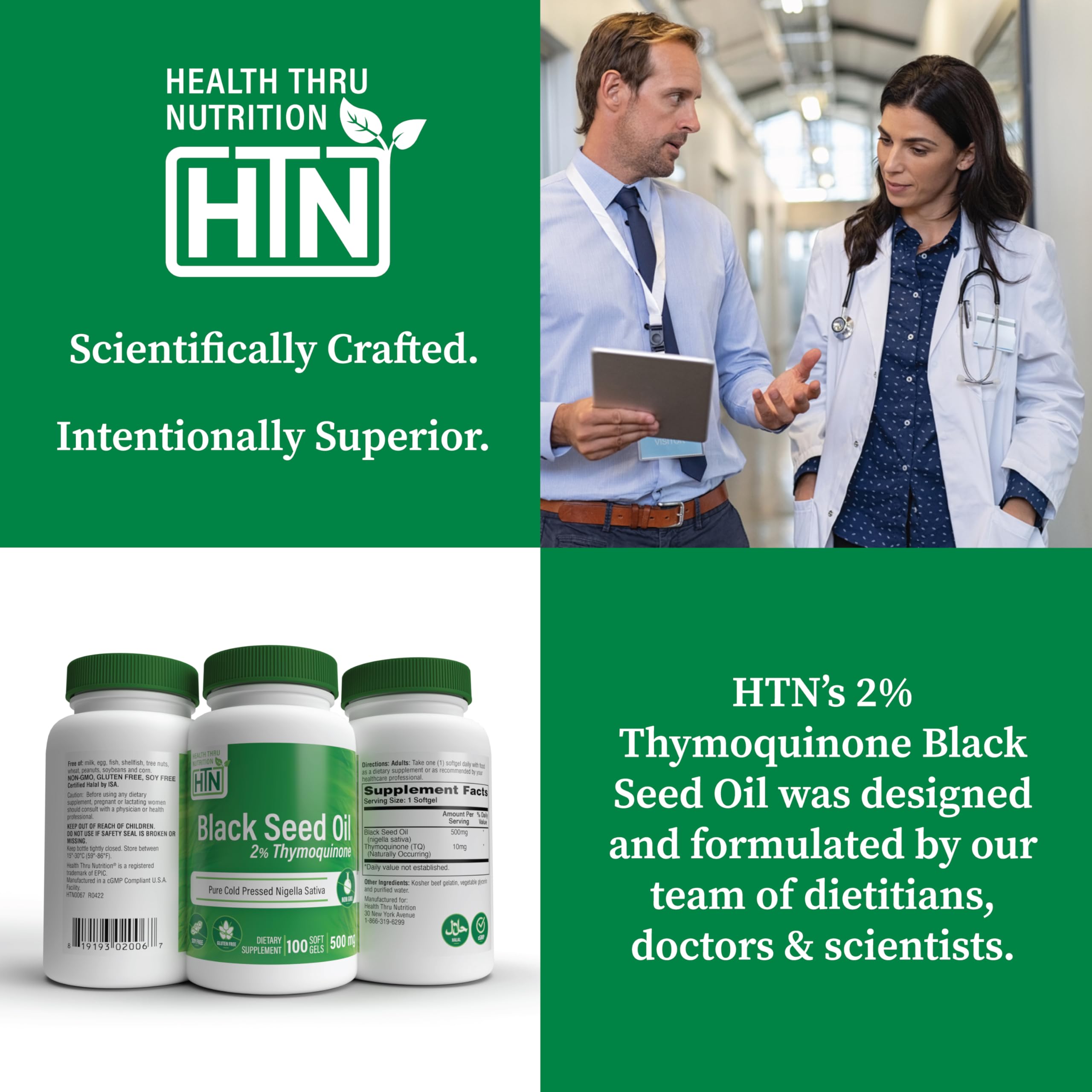 Health Thru Nutrition Black Seed Oil softgels with measuring spoon