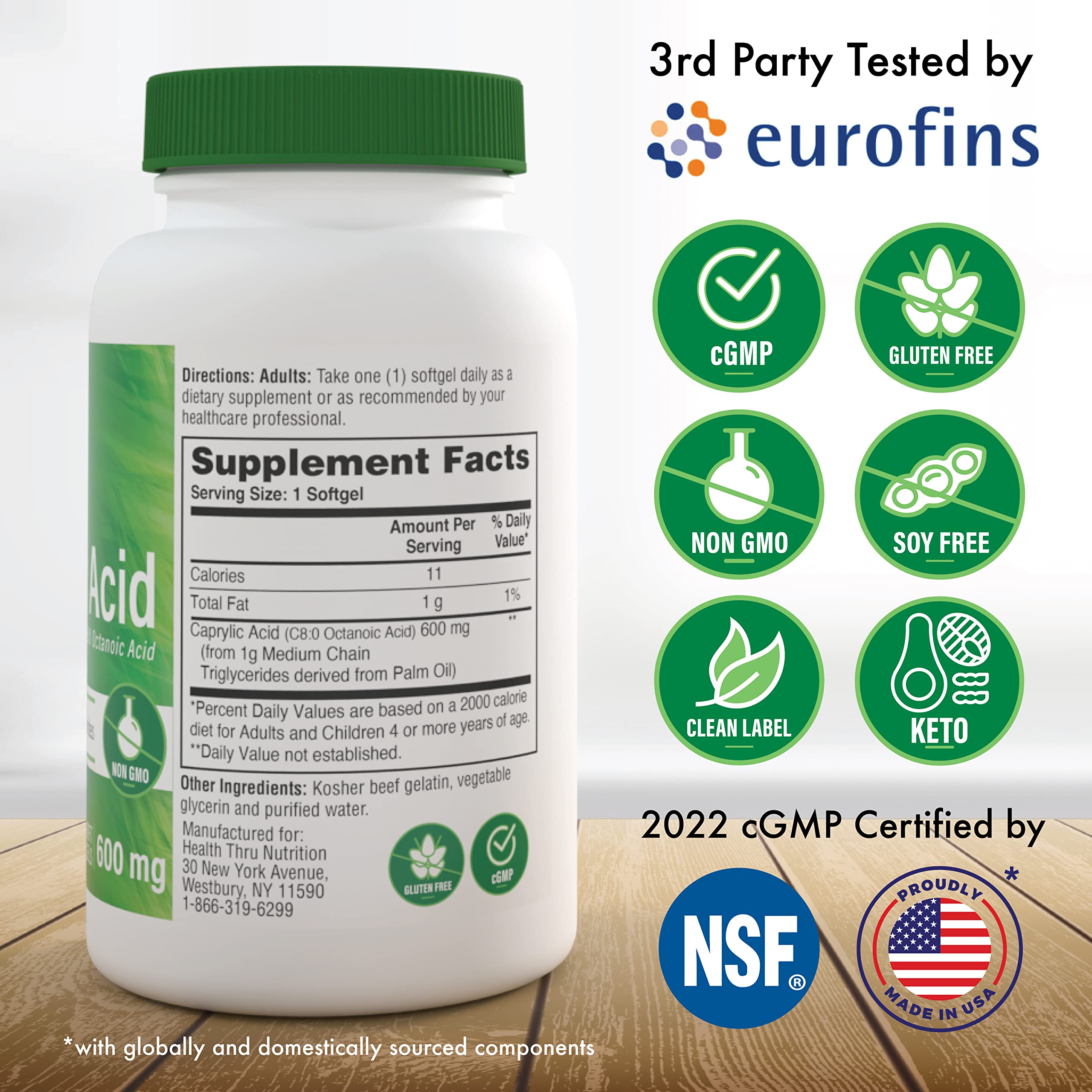 Health Thru Nutrition Caprylic Acid Softgels 600mg back view with ingredient list