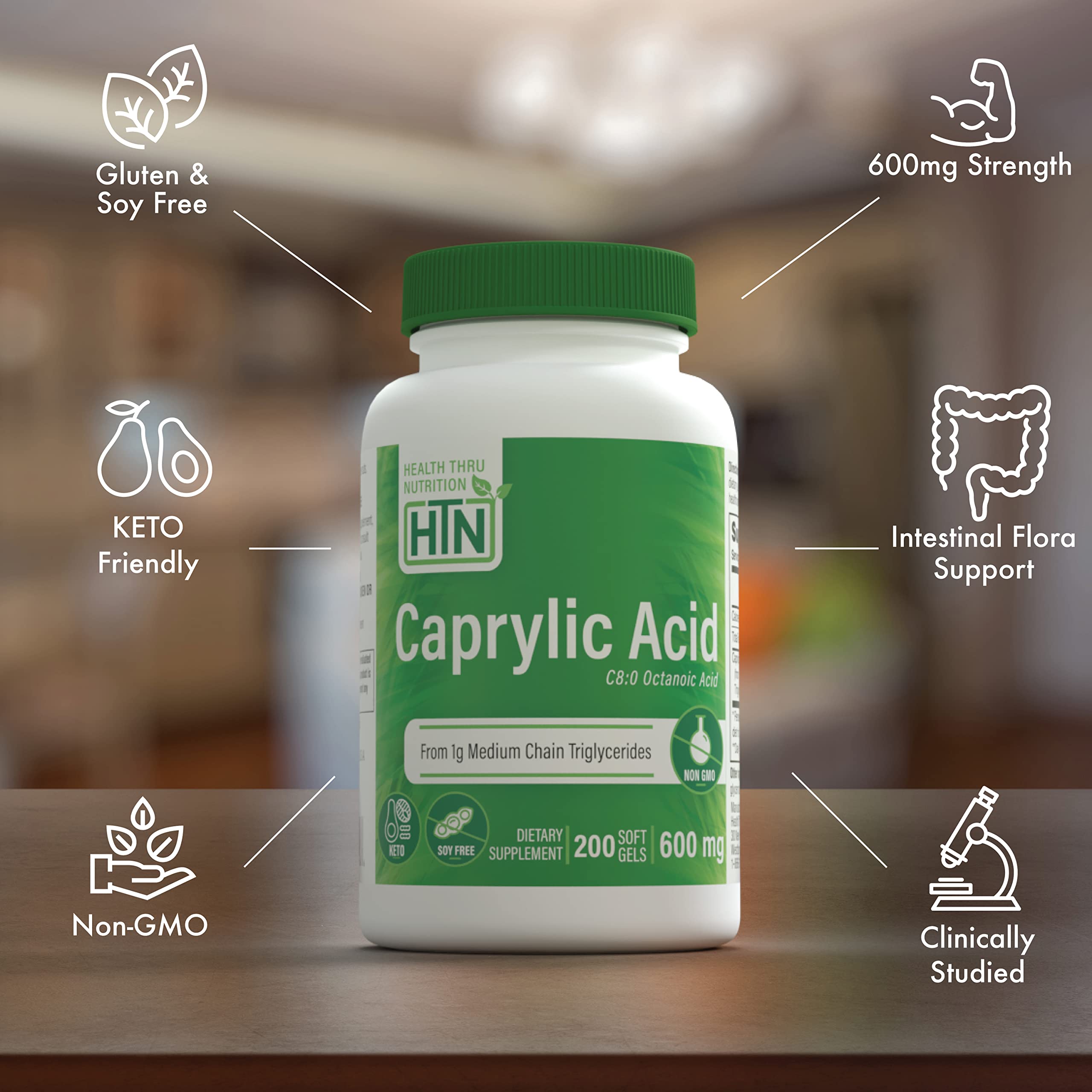 Health Thru Nutrition Caprylic Acid Softgels 600mg side view showing softgel