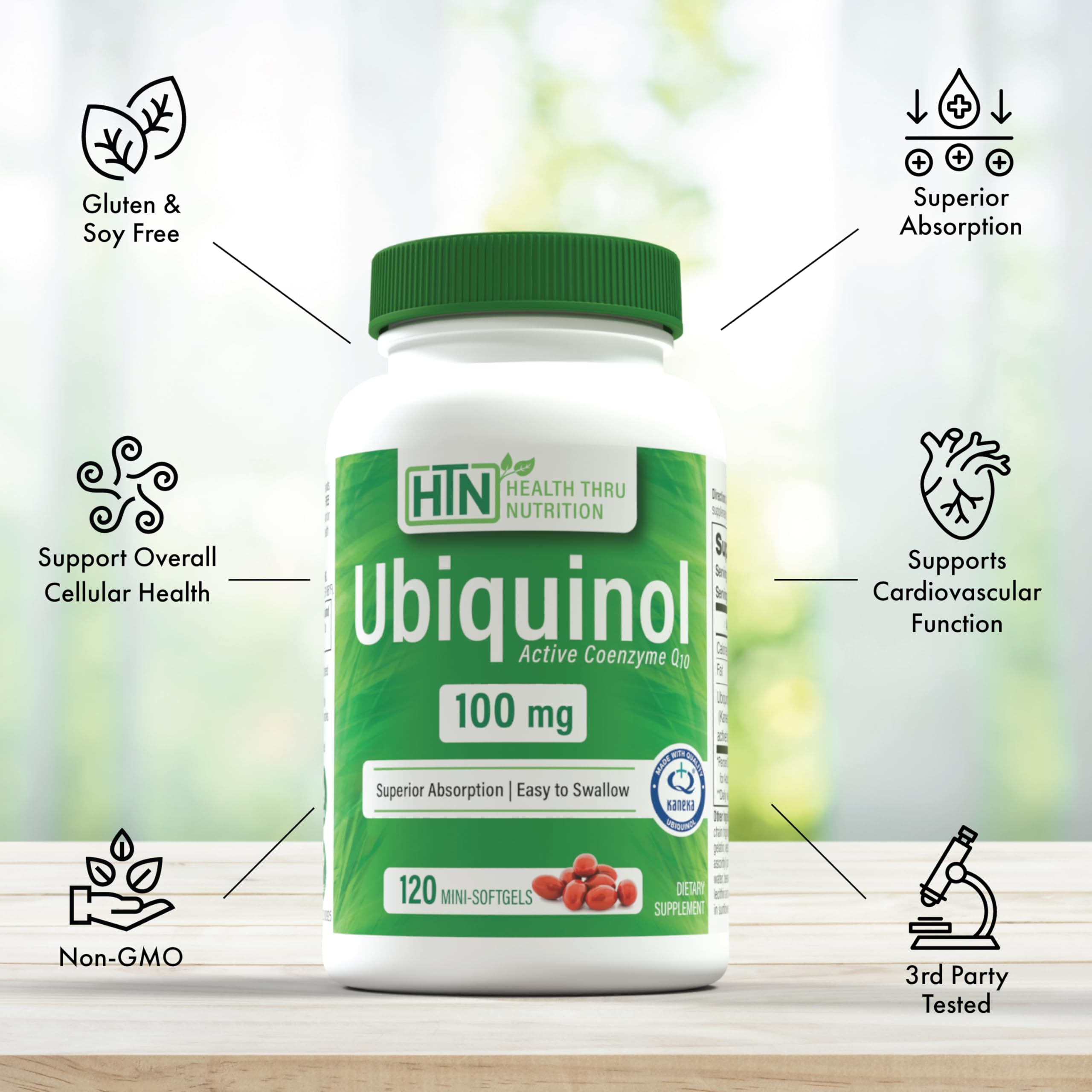 Health Thru Nutrition CoQ10 Kaneka Ubiquinol softgel close-up