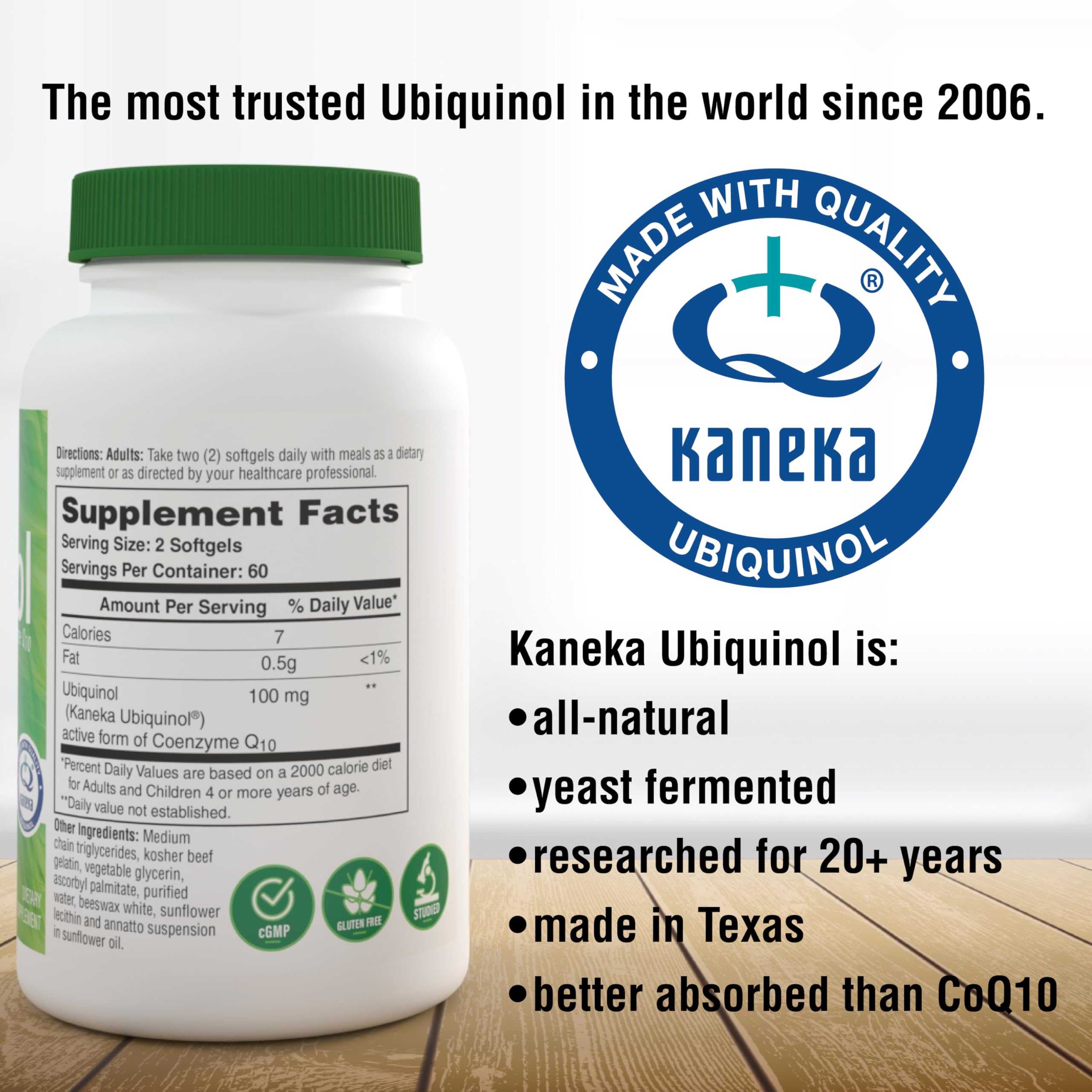 Health Thru Nutrition CoQ10 Kaneka Ubiquinol softgels on a table