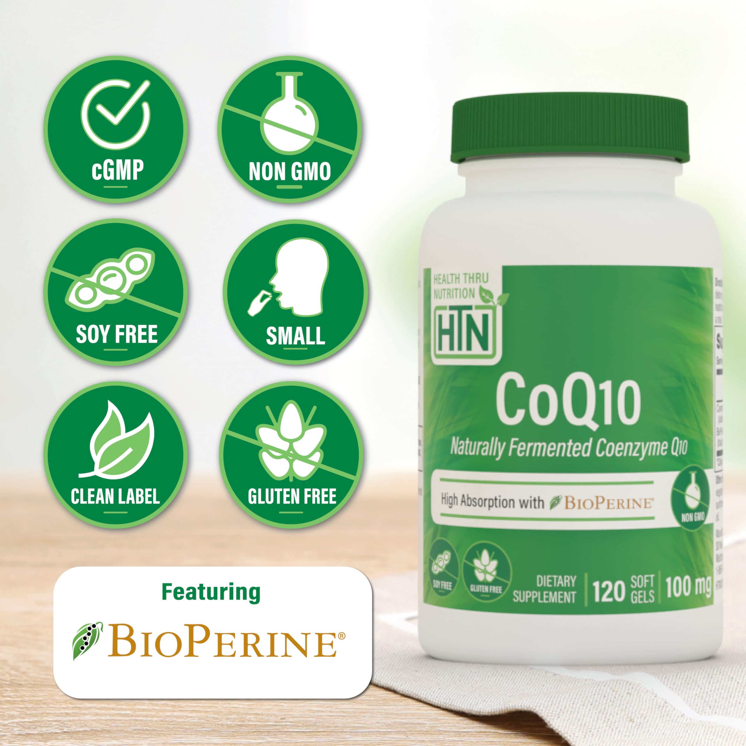 Health Thru Nutrition CoQ10 Softgels with BioPerine back view