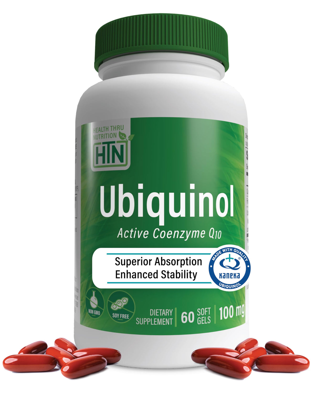 Health Thru Nutrition CoQ10 Ubiquinol Supplement front view with packaging