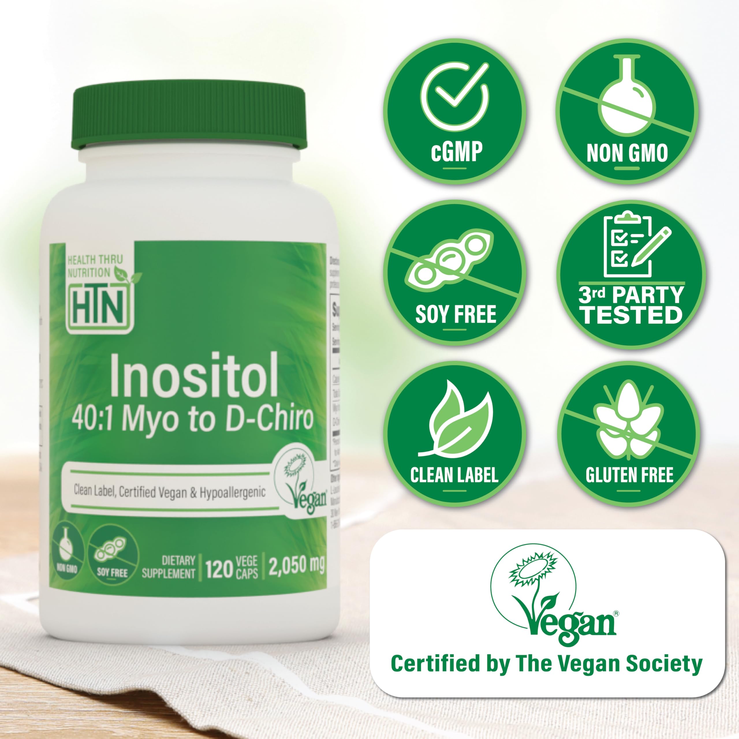 Health Thru Nutrition Inositol 120 capsules with dosage details