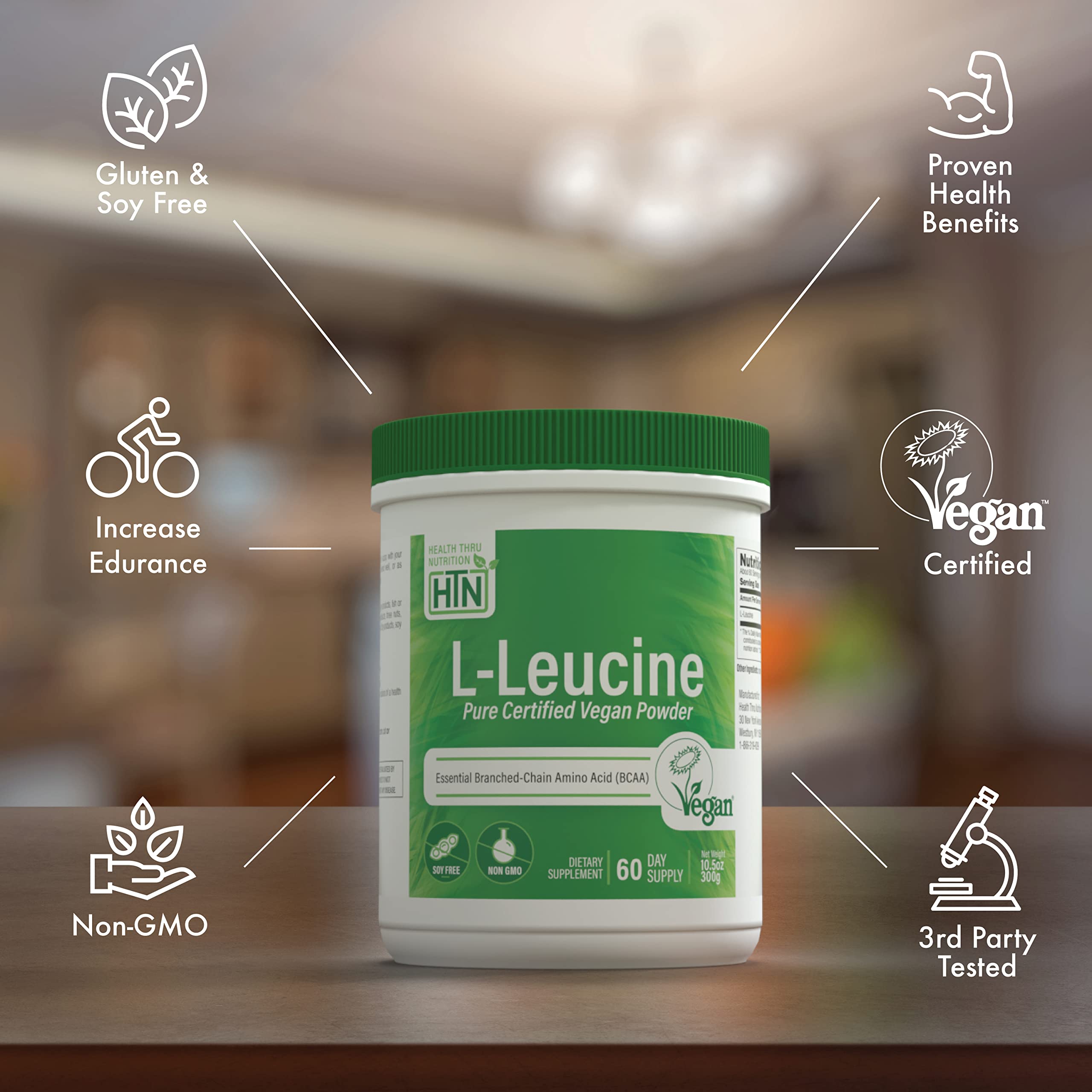 Health Thru Nutrition L-Leucine BCAA Powder 318g side view