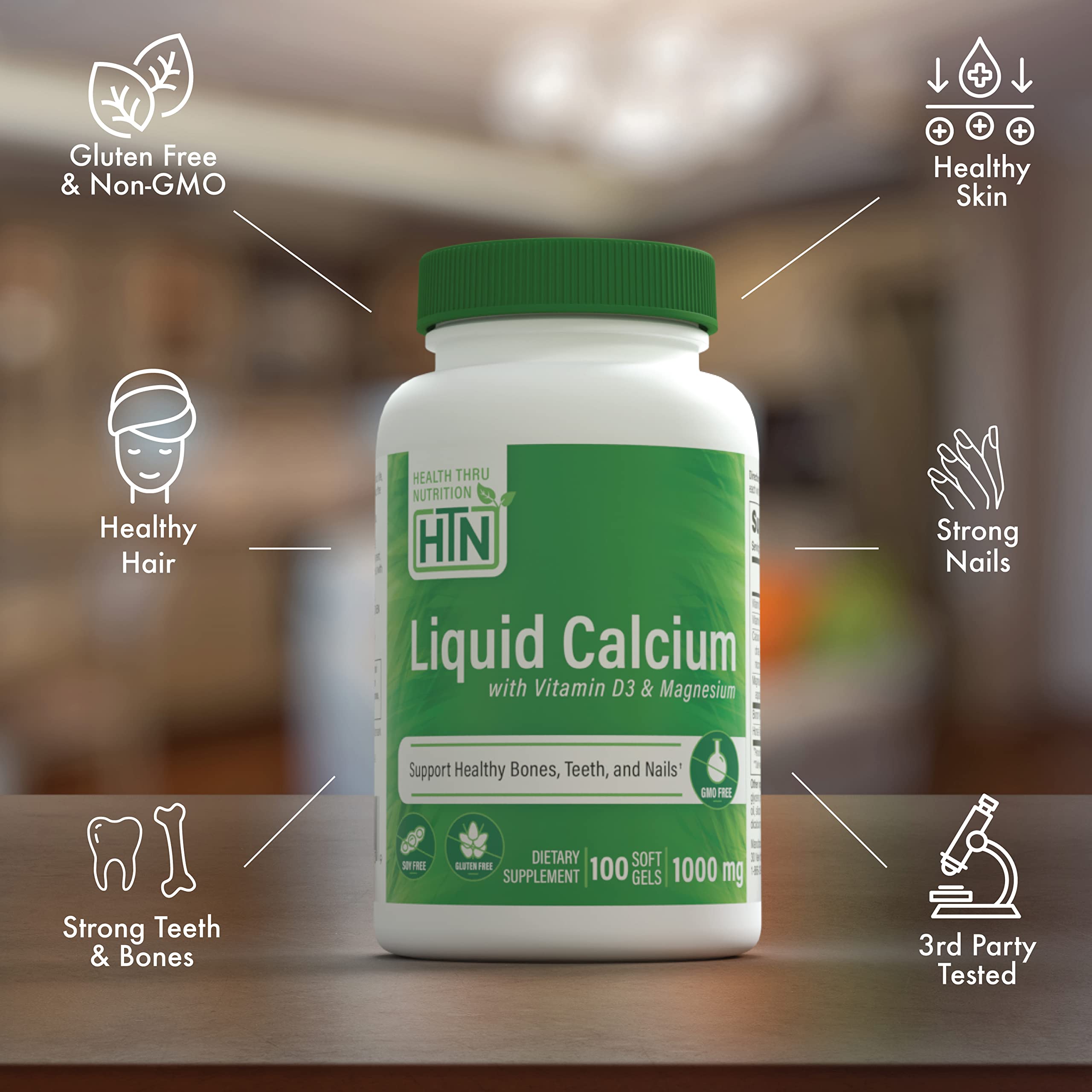 Health Thru Nutrition Liquid Calcium Softgels showing softgel size