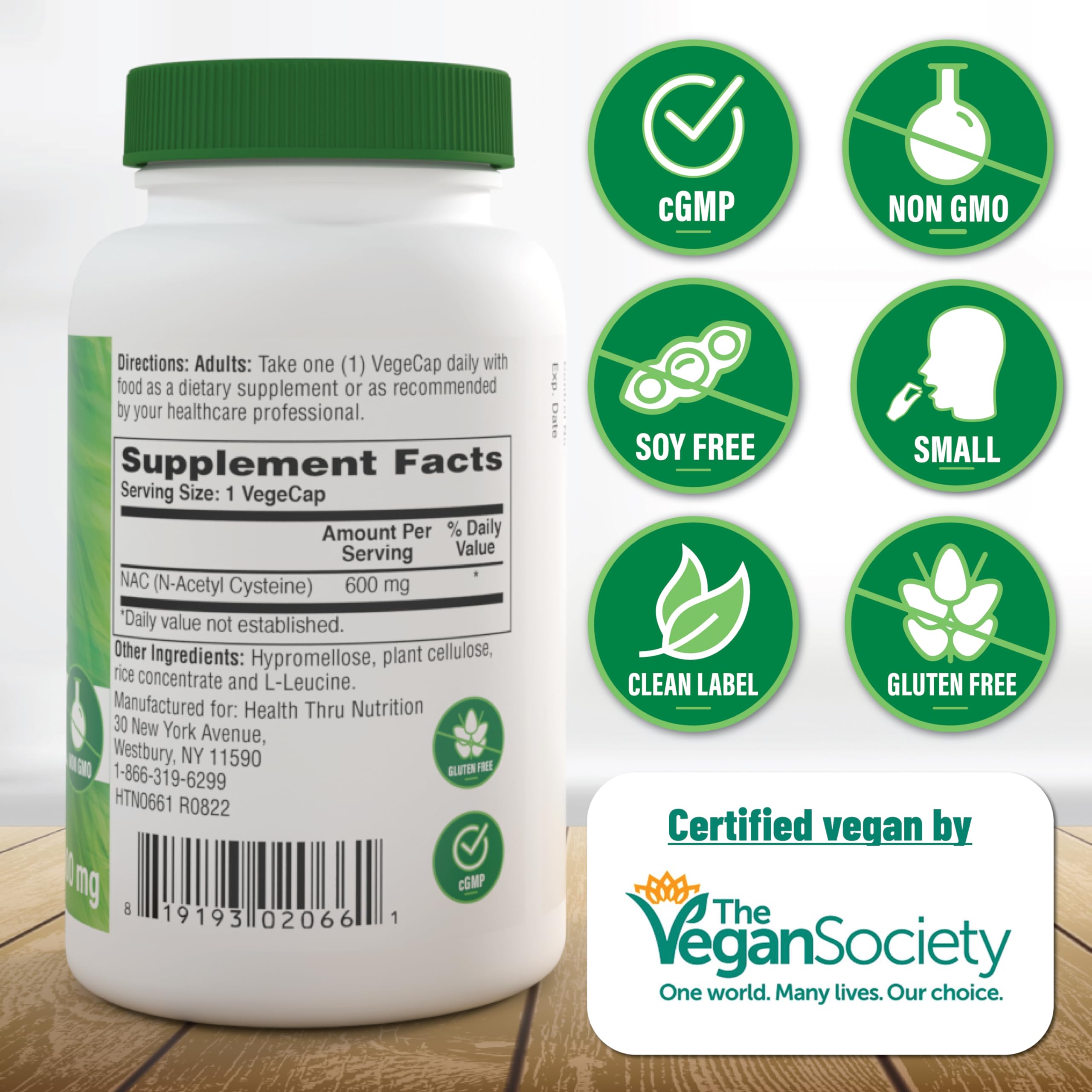 Health Thru Nutrition N-Acetyl Cysteine 600mg capsule bottle with label