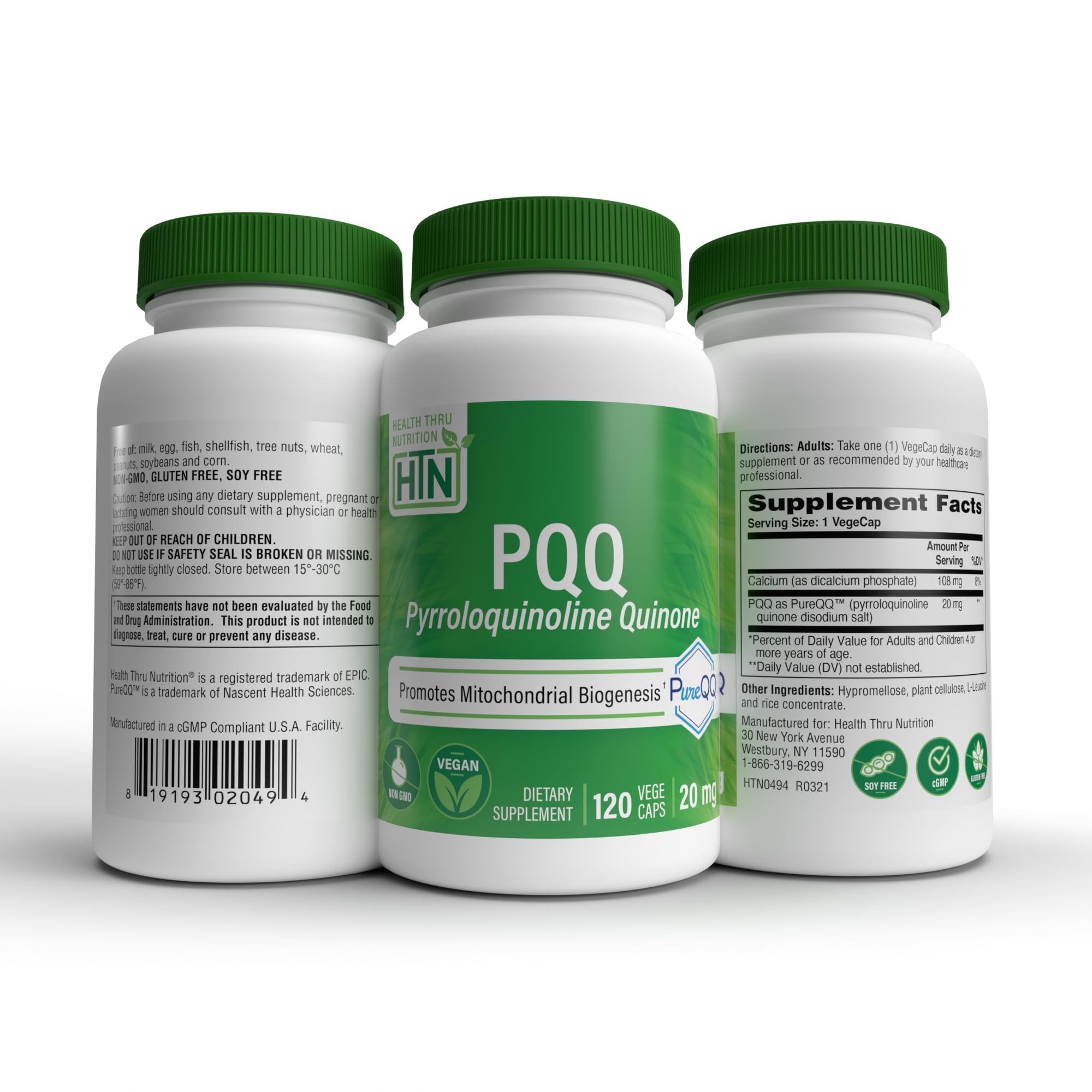 Health Thru Nutrition PQQ PureQQ capsules on a wooden table
