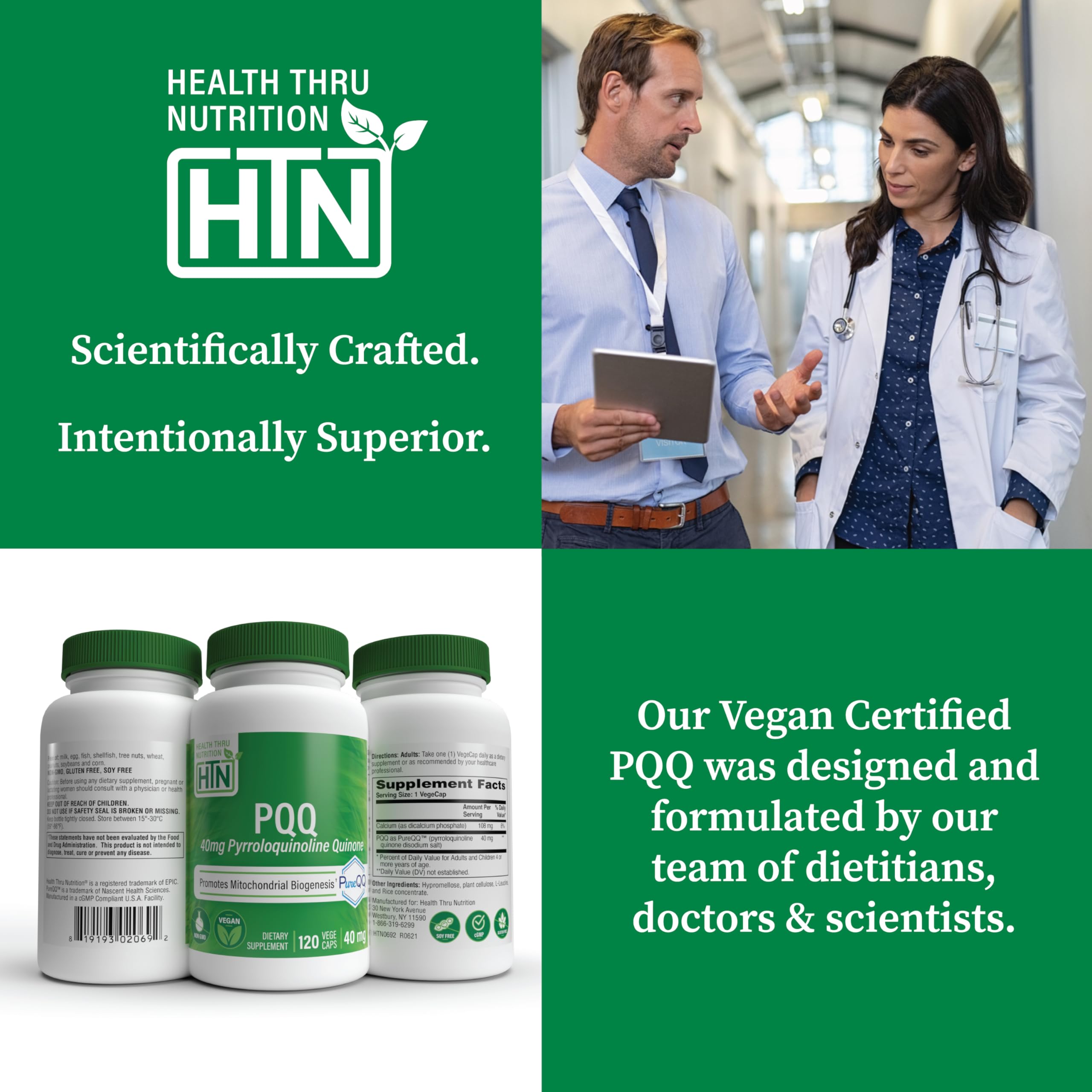 Health Thru Nutrition PureQQ PQQ Supplement capsules on a wooden table