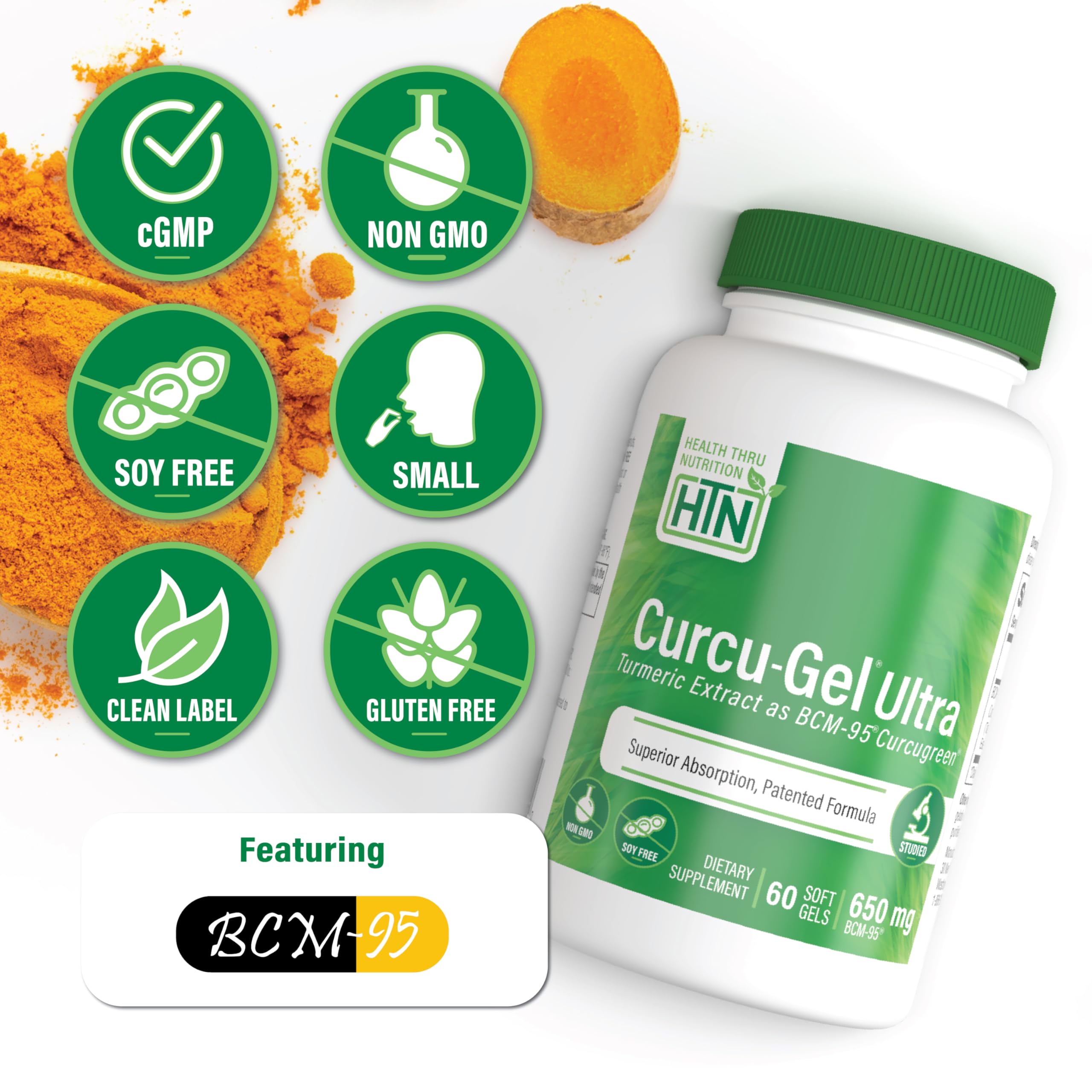 Health Thru Nutrition Turmeric Curcumin BCM-95 650mg supplement bottle with label