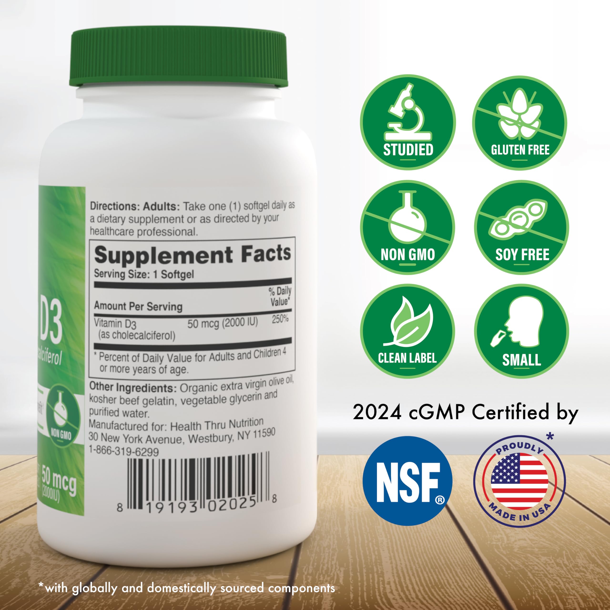 Health Thru Nutrition Vitamin D3 softgels packaging and dosage information