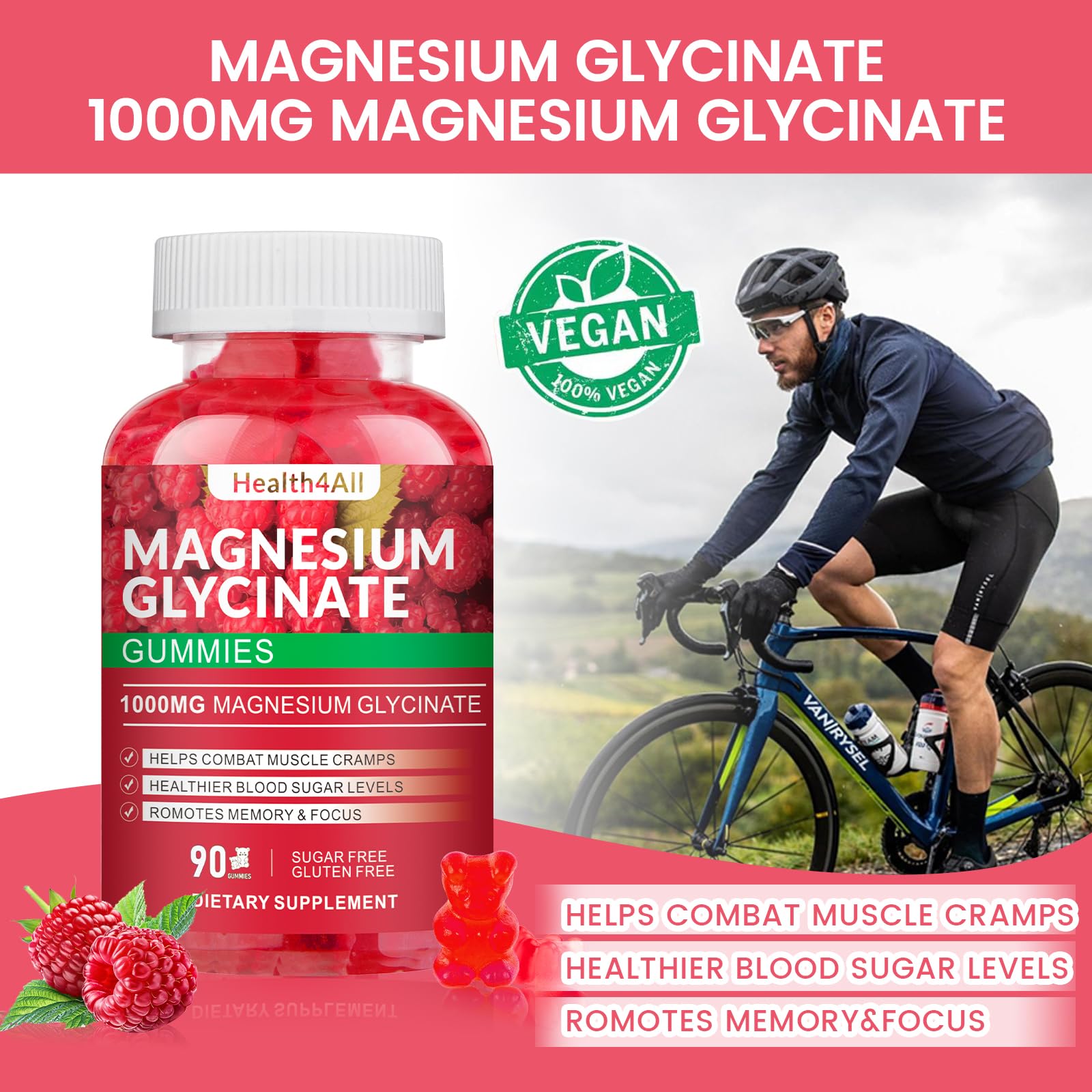 Health4All Magnesium Gummies 1000mg natural raspberry flavour