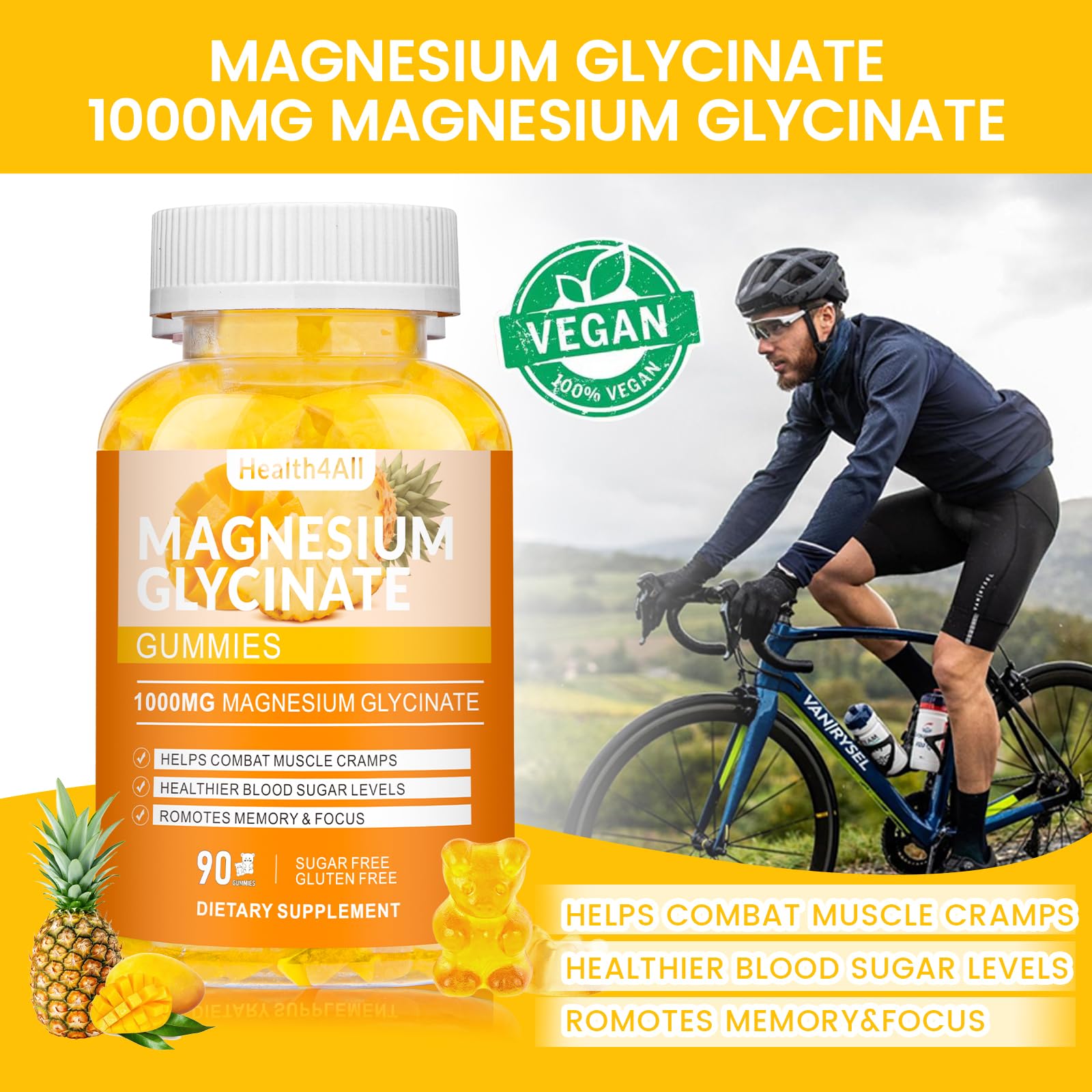 Health4All Magnesium Gummies 1000mg showing natural mango pineapple flavour