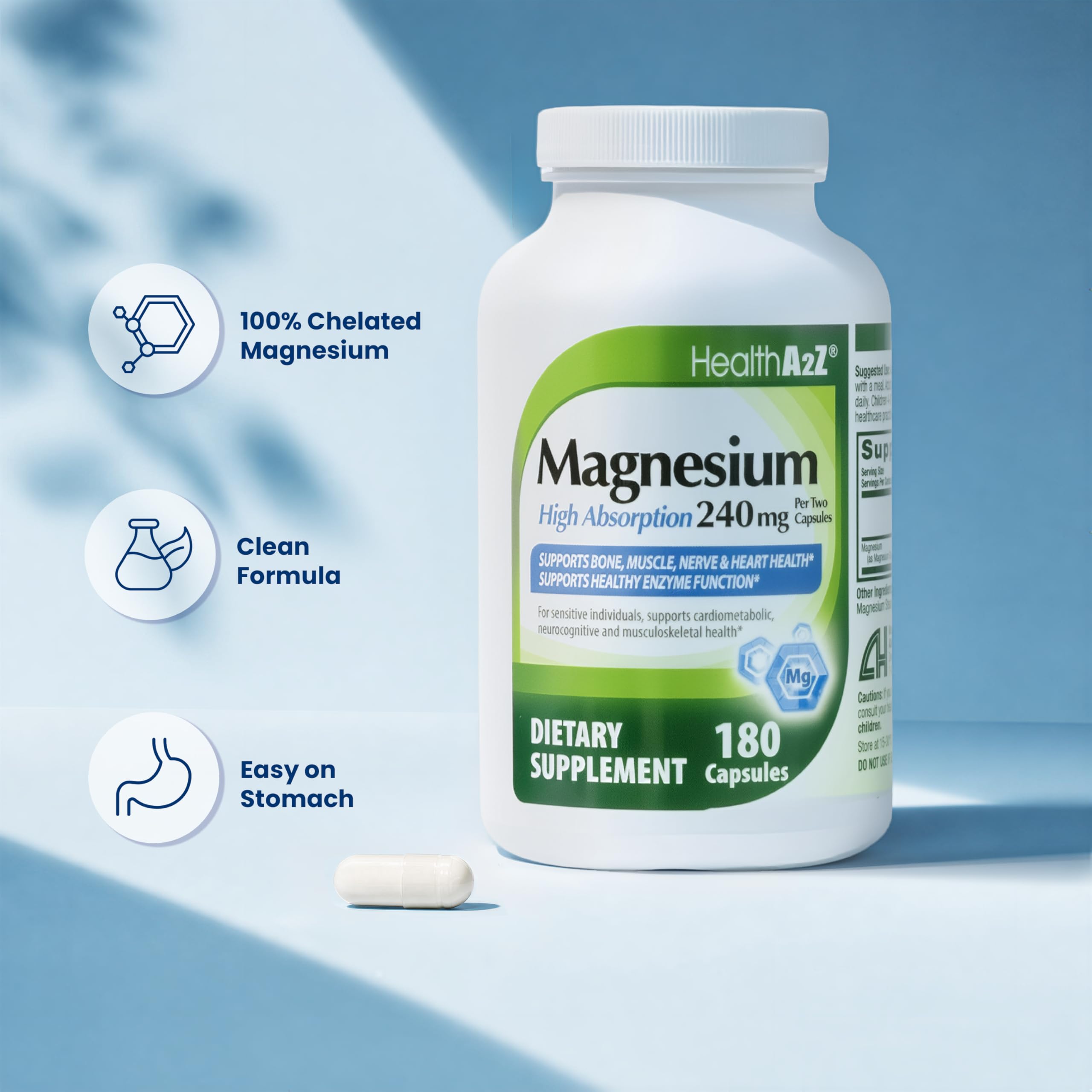 HealthA2Z Magnesium Glycinate 240mg supplement on a wooden table