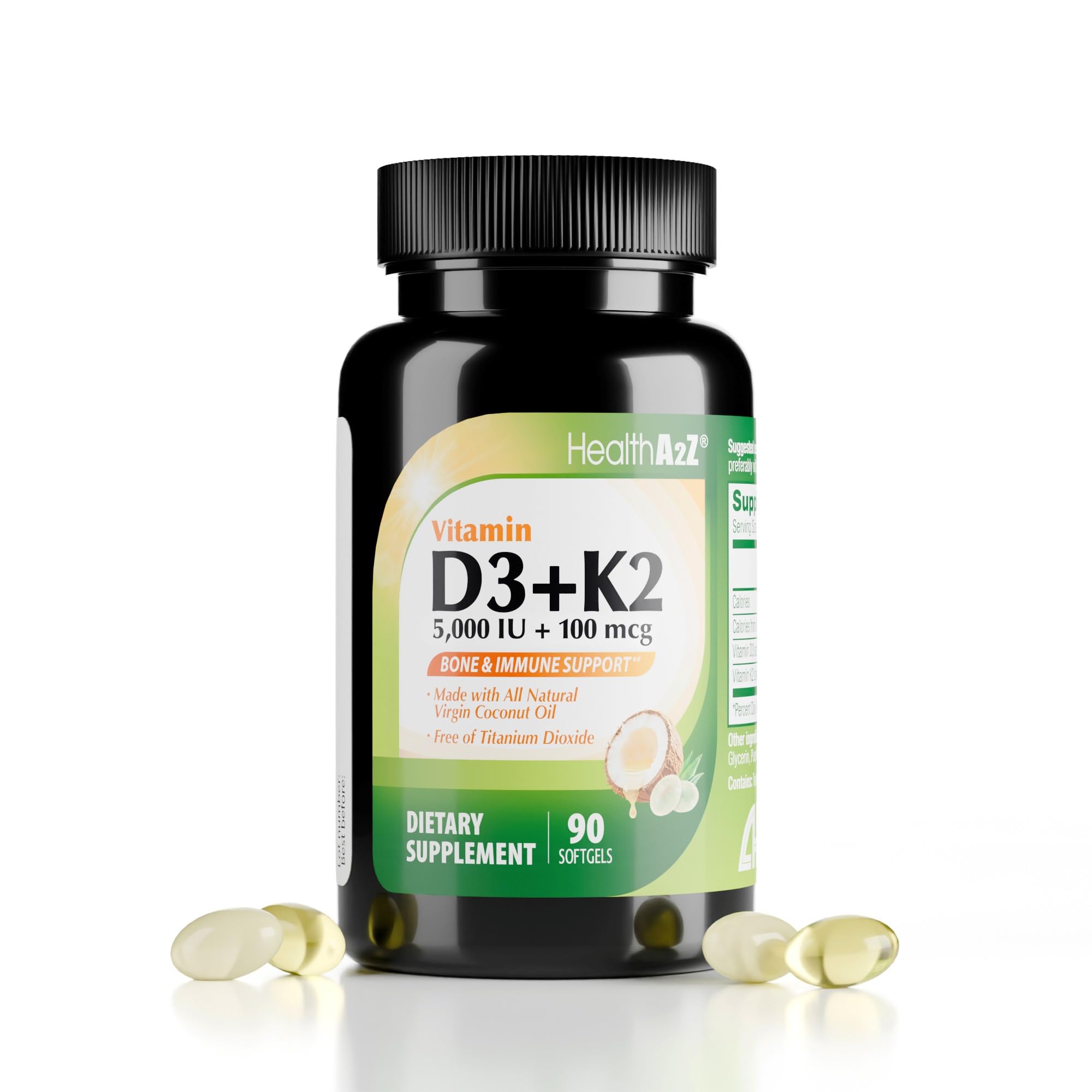 HealthA2Z Vitamins D3 + K2 softgels front view