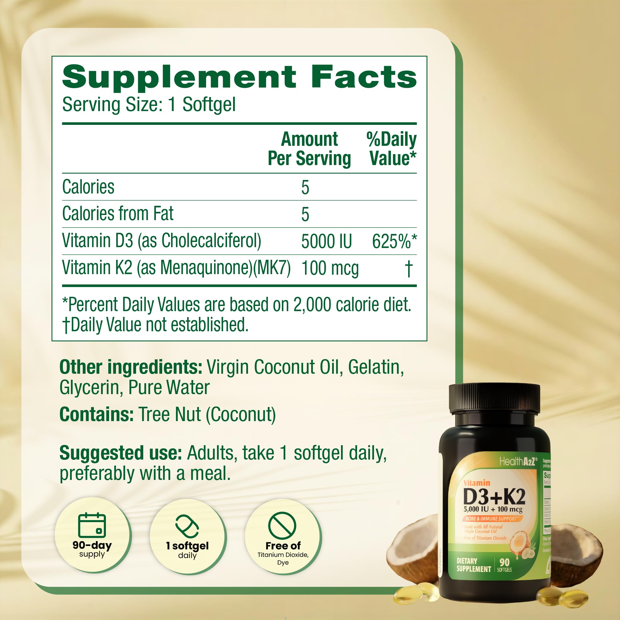 HealthA2Z Vitamins D3 + K2 softgels side view