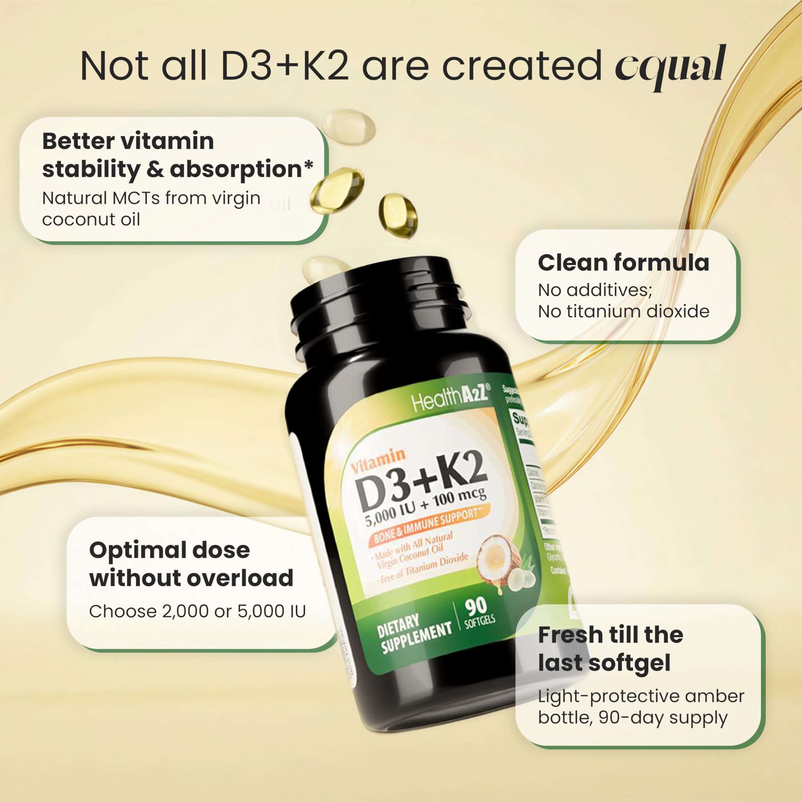 HealthA2Z Vitamins D3 + K2 softgels with coconut oil