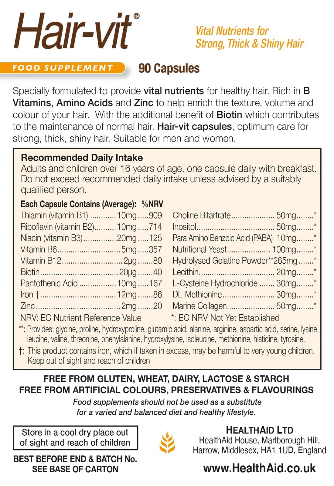 HealthAid Hair Support Capsules 100g back view with ingredient list