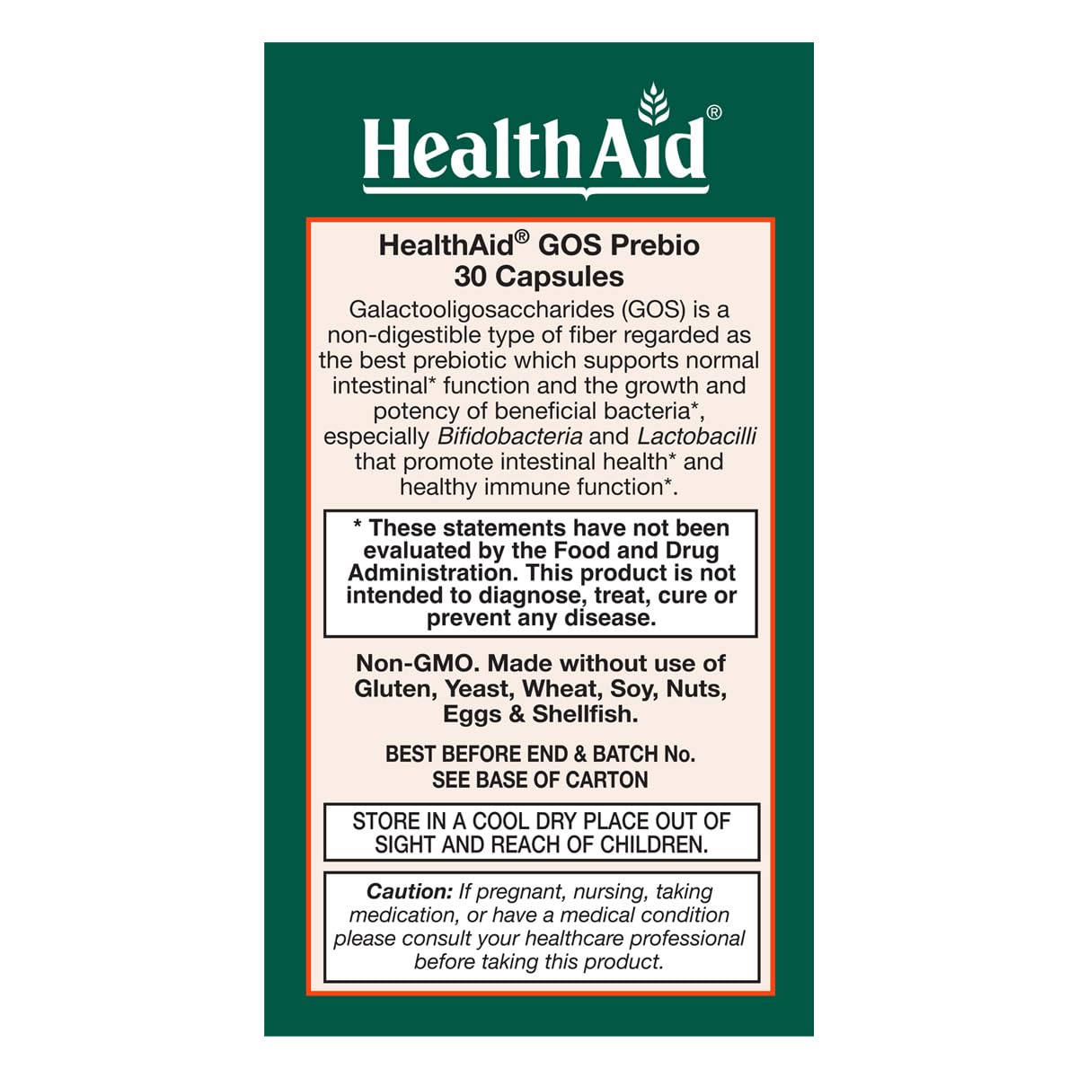 HealthAid Prebiotic Fiber Capsules side view showing vegetarian capsules
