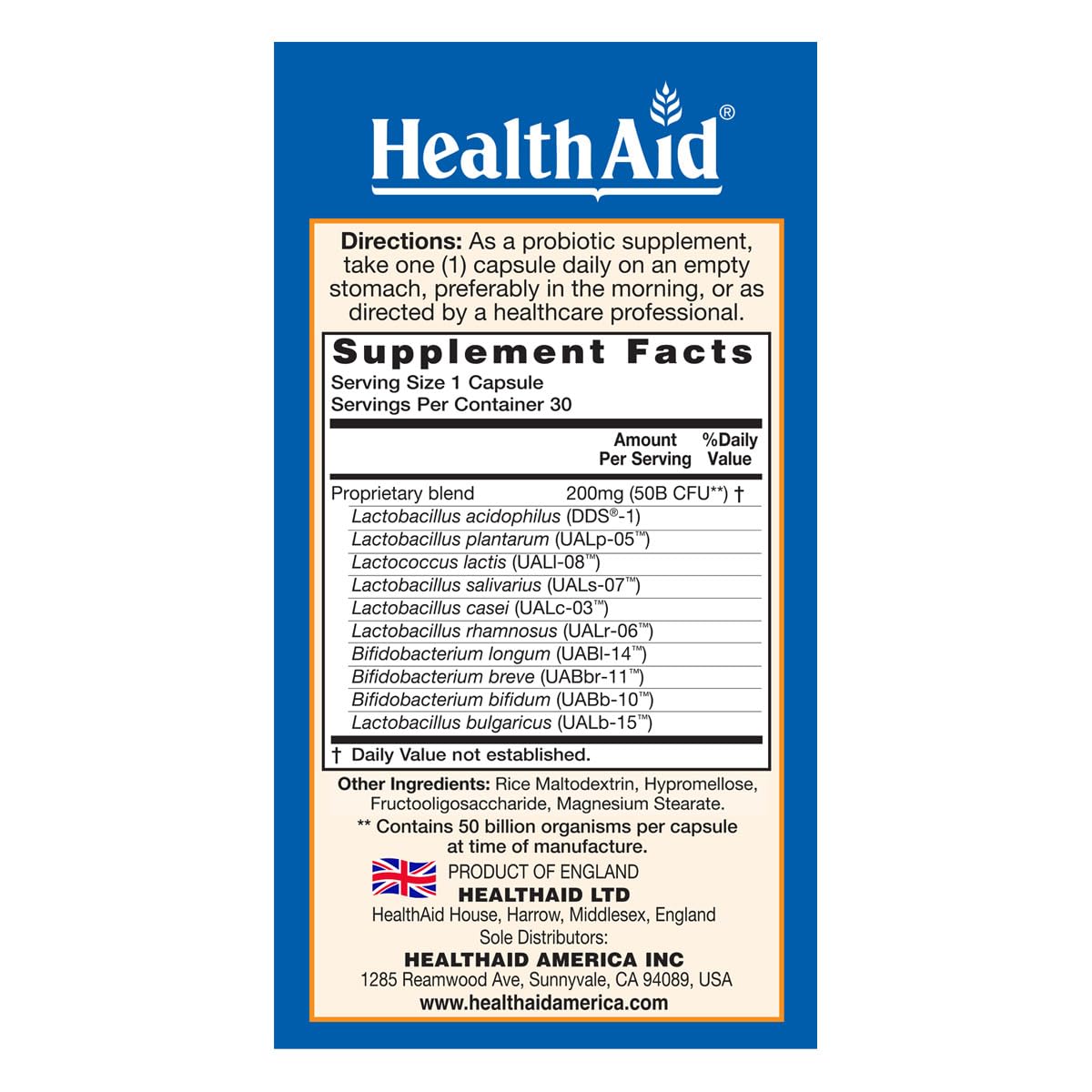 HealthAid Probiotic Capsules 30 count bottle with label
