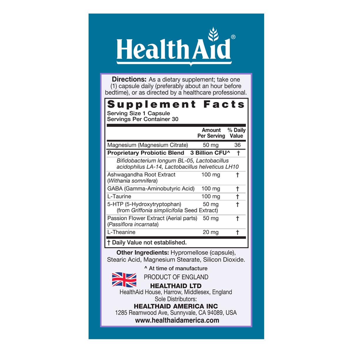 HealthAid SleepProbio Supplement 30 Capsules side view