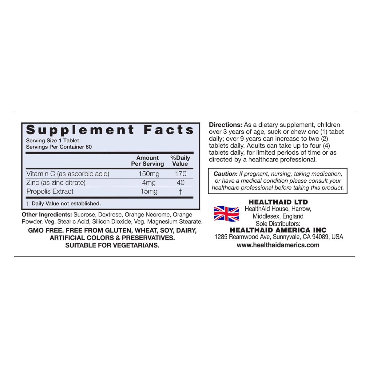 HealthAid Zinc Lozenges 41g back view showing ingredients