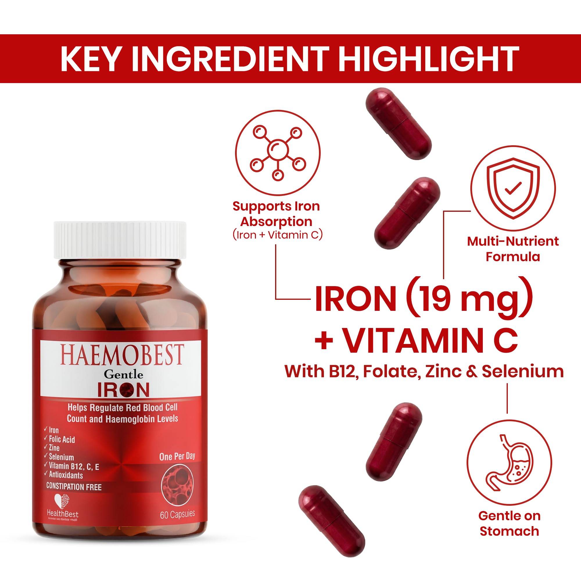 HealthBest Iron Supplement capsules on a wooden table