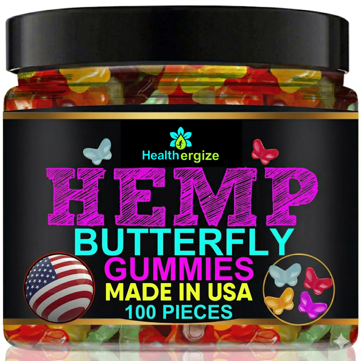 Healthergize Hemp Butterflies Gummies bottle front view