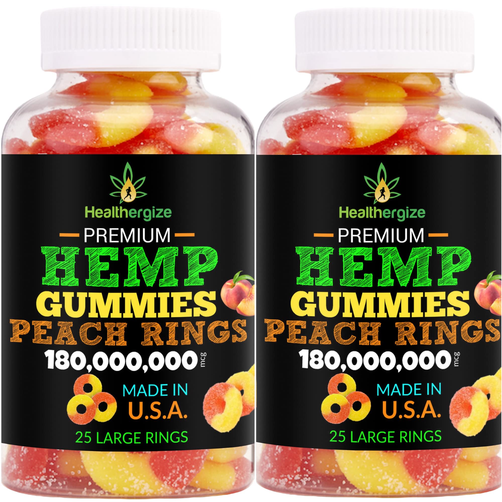 Healthergize Hemp Gummies 2 Pack front view with peach rings