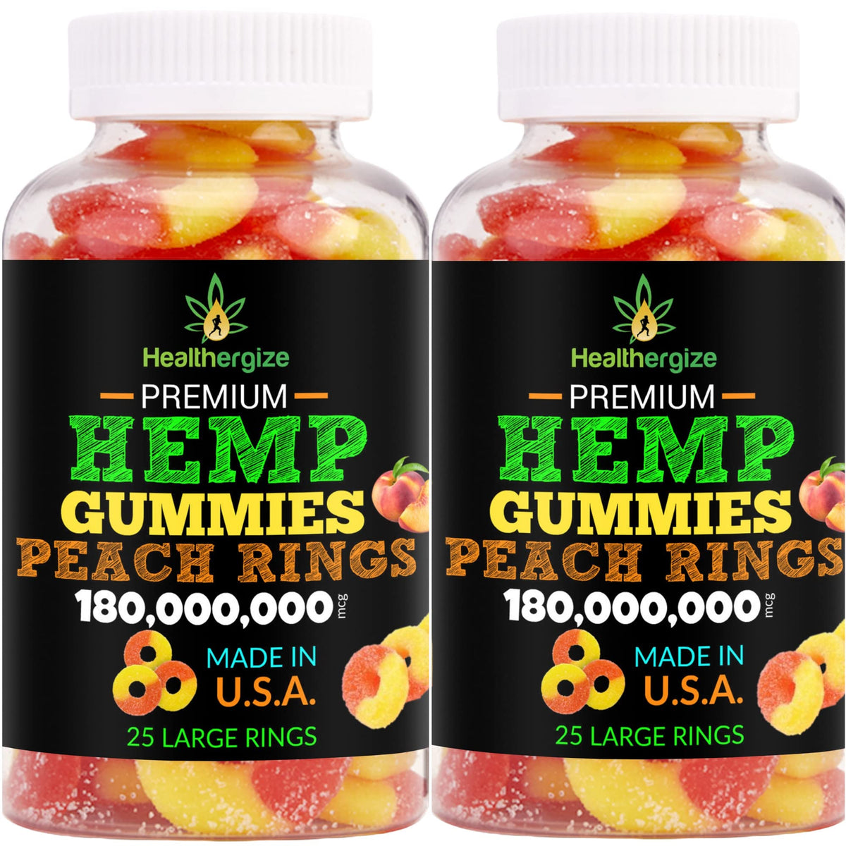 Healthergize Hemp Gummies 2 Pack front view with peach rings