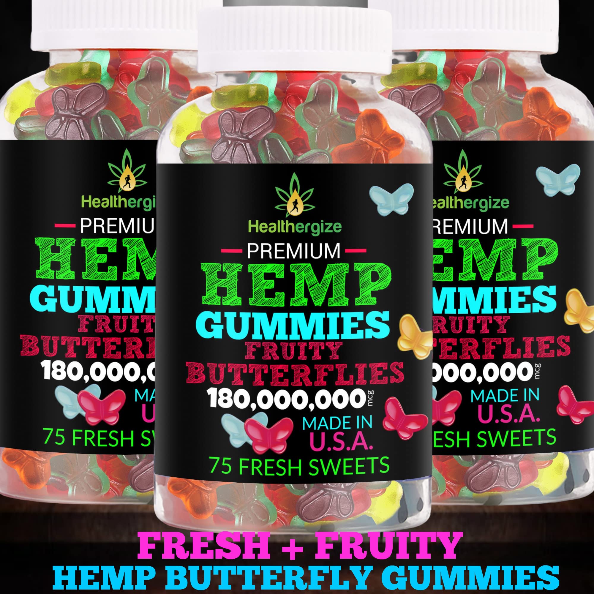 Healthergize Hemp Gummies 3-Pack displayed with other supplements