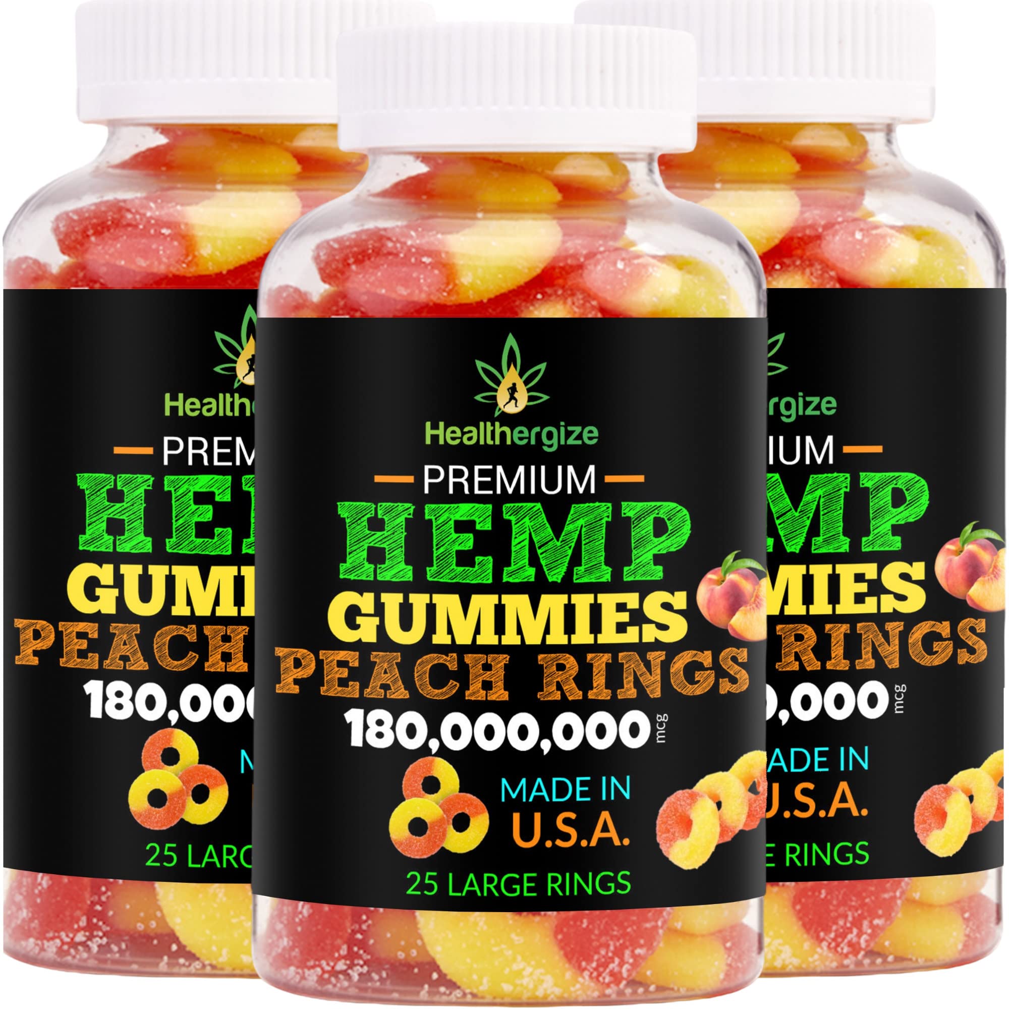 Healthergize Hemp Gummies 3-Pack Fresh Peach Rings front view
