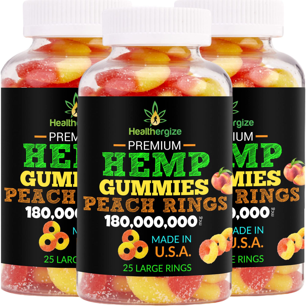 Healthergize Hemp Gummies 3-Pack Fresh Peach Rings front view