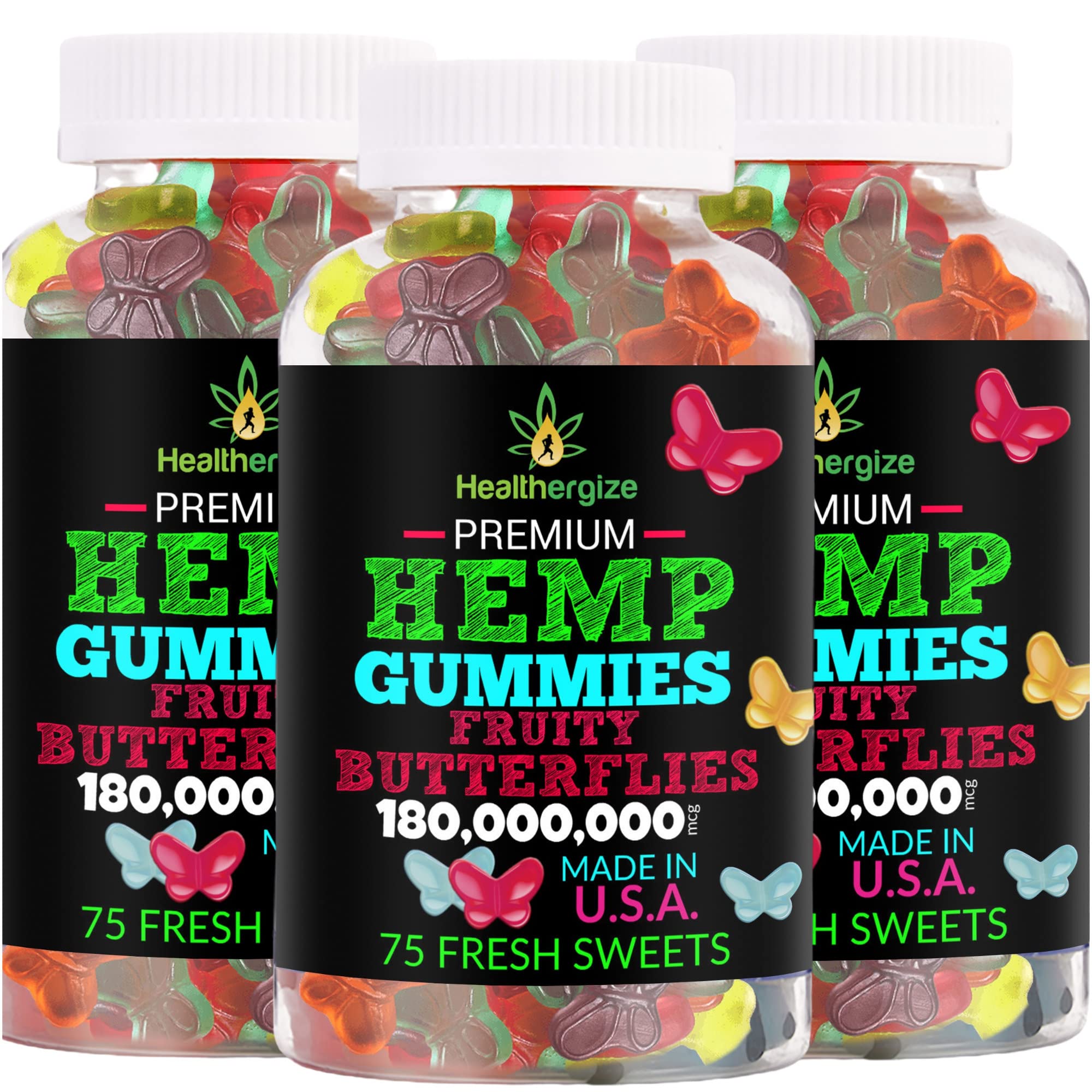 Healthergize Hemp Gummies 3-Pack front view with packaging