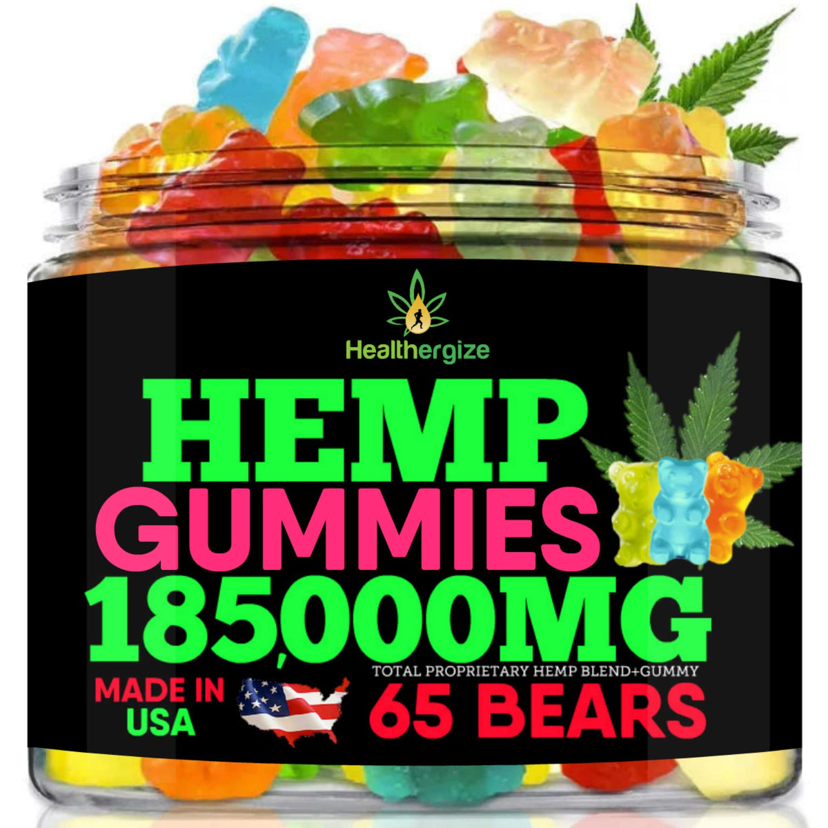 Healthergize Hemp Gummies 308g front view with packaging