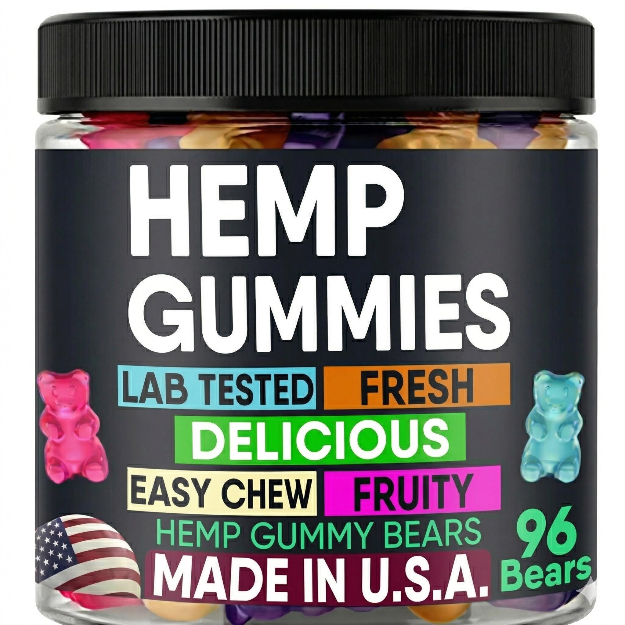 Healthergize Hemp Gummies bottle front view with assorted fruity flavours