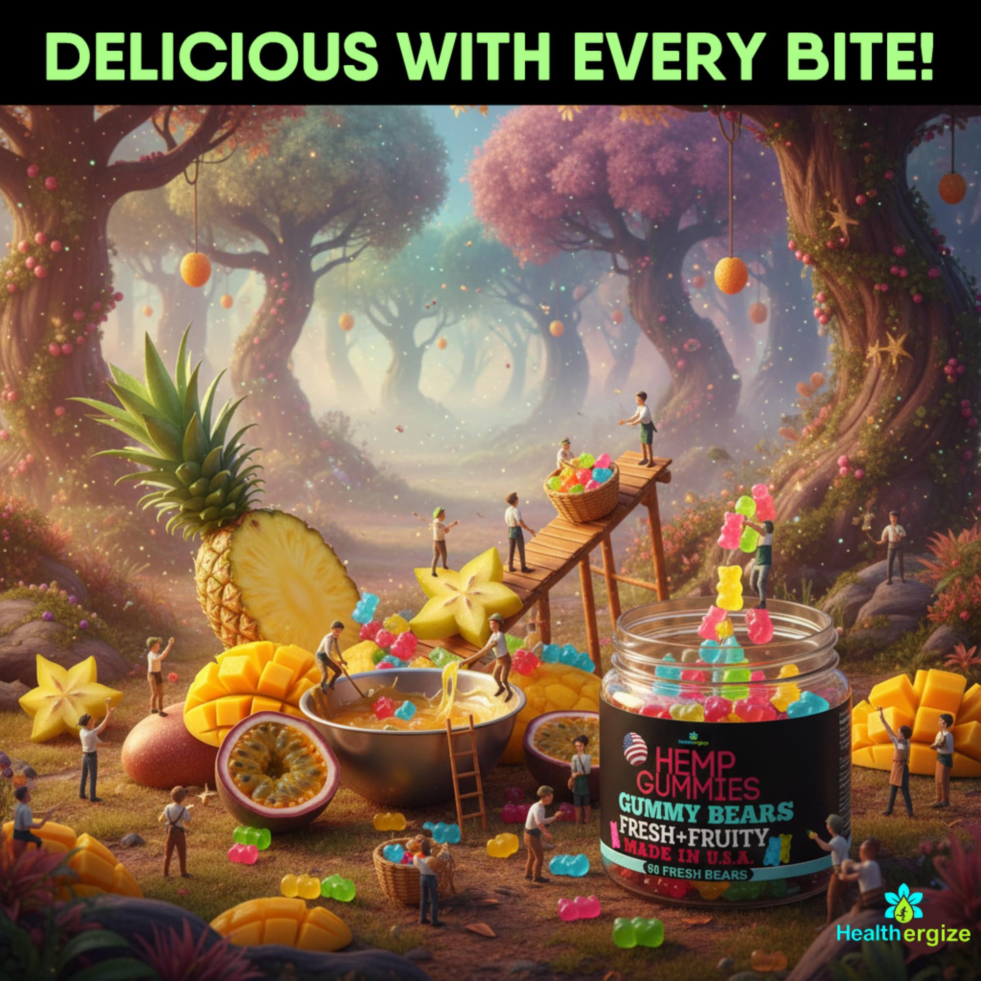 Healthergize Hemp Gummies bottle with a measuring spoon