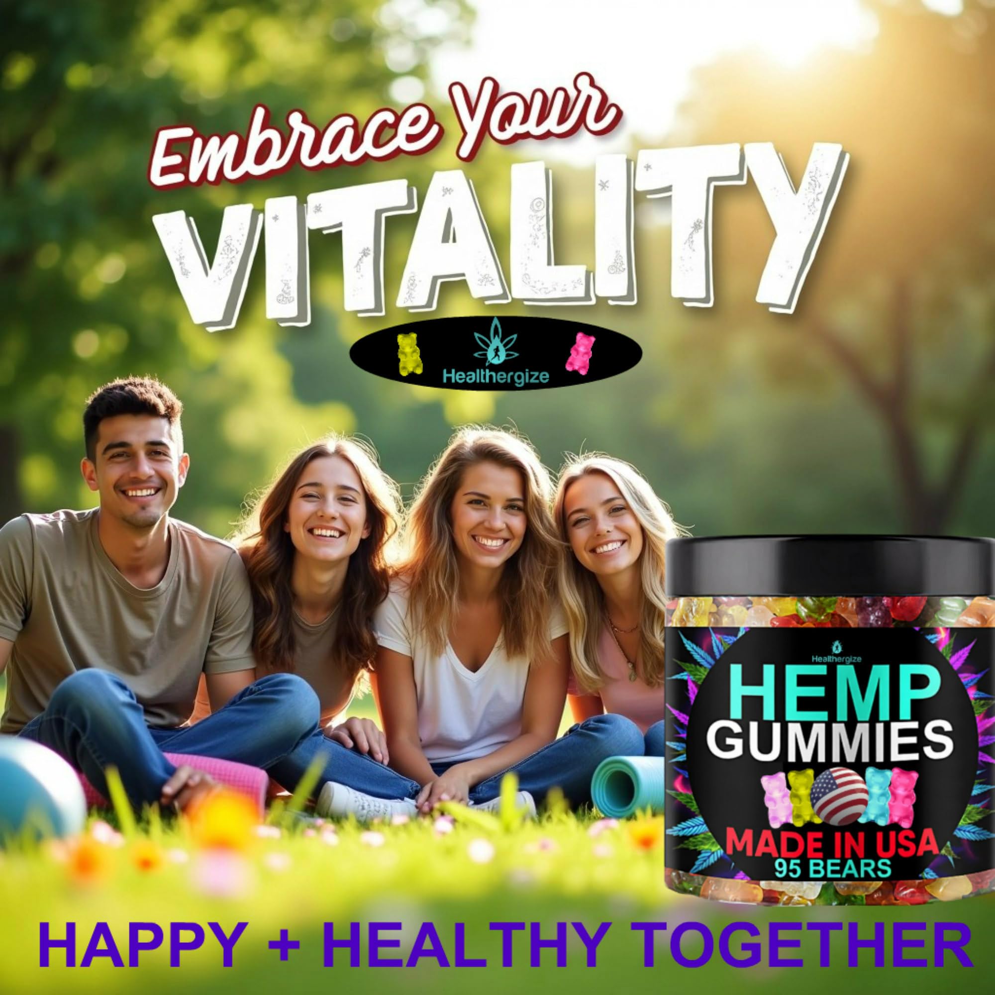 Healthergize Hemp Gummies displayed on a wooden table