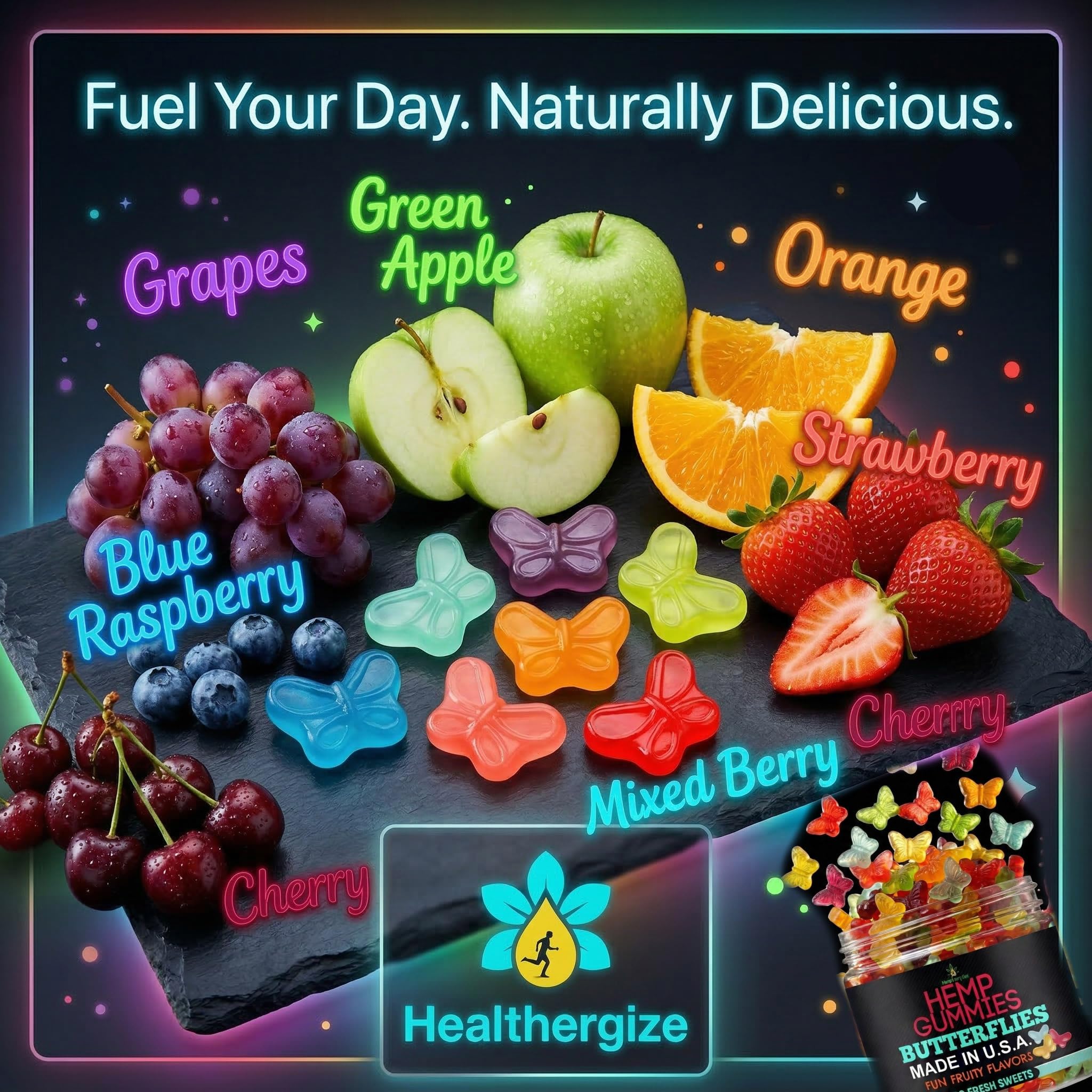 Healthergize Hemp Gummies displayed with fruits