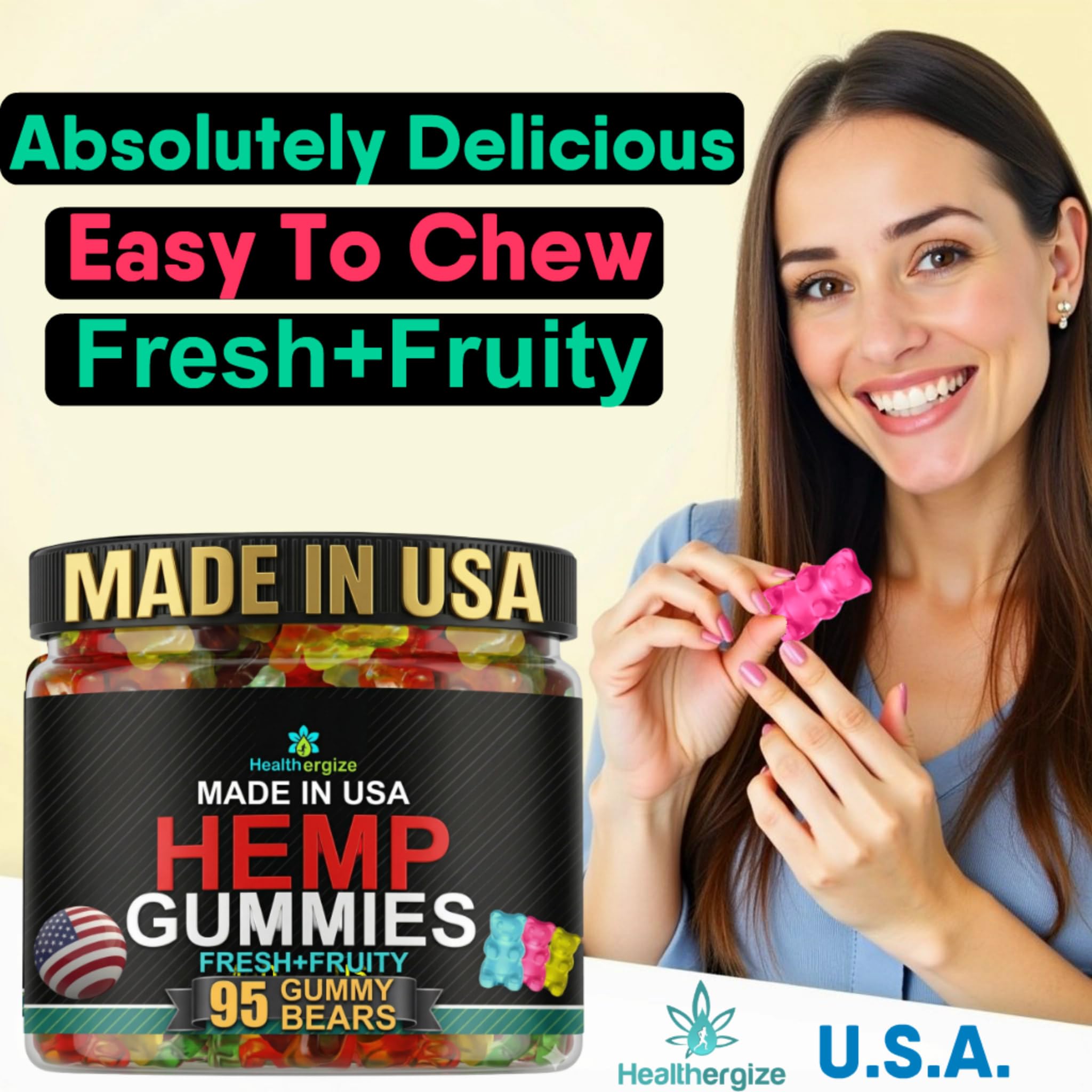 Healthergize Hemp Gummies in a bowl showing different colours