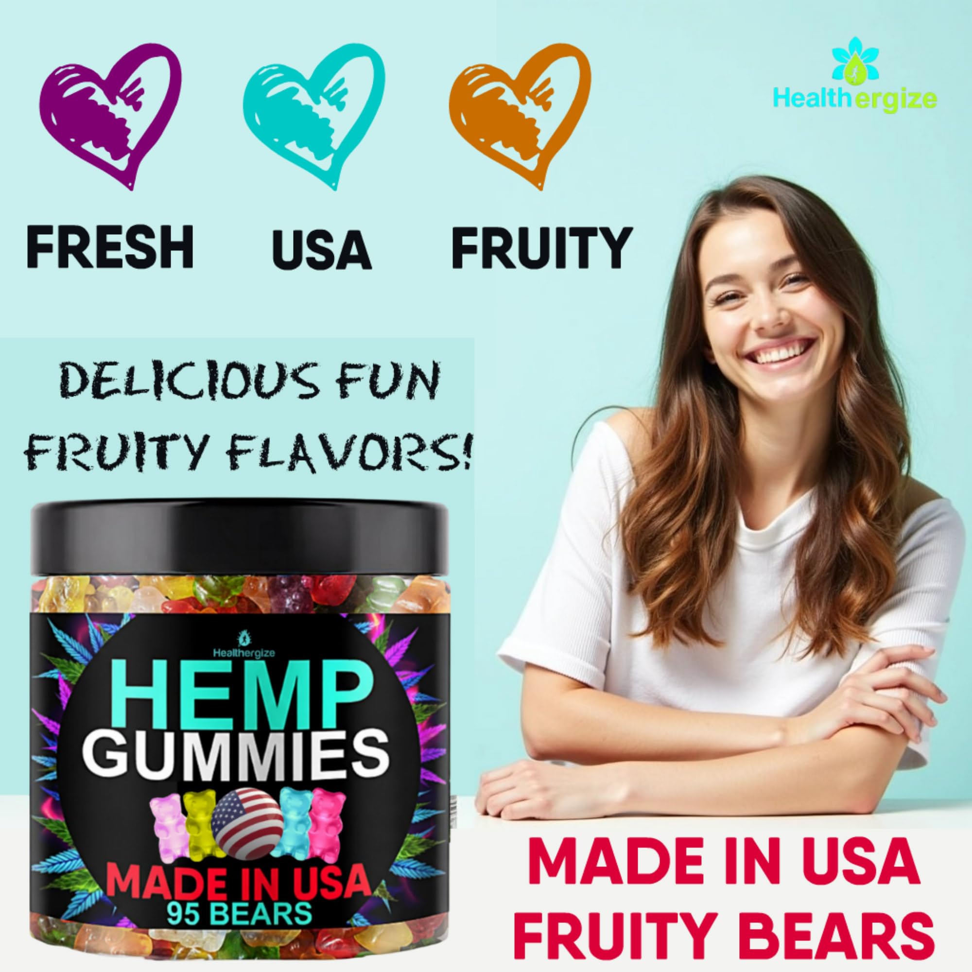 Healthergize Hemp Gummies jar with label and nutritional information